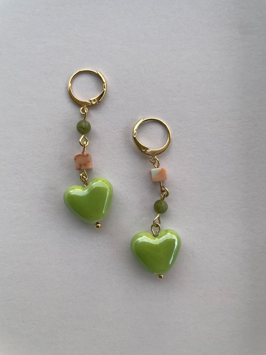 Ceramic drop earrings green heart