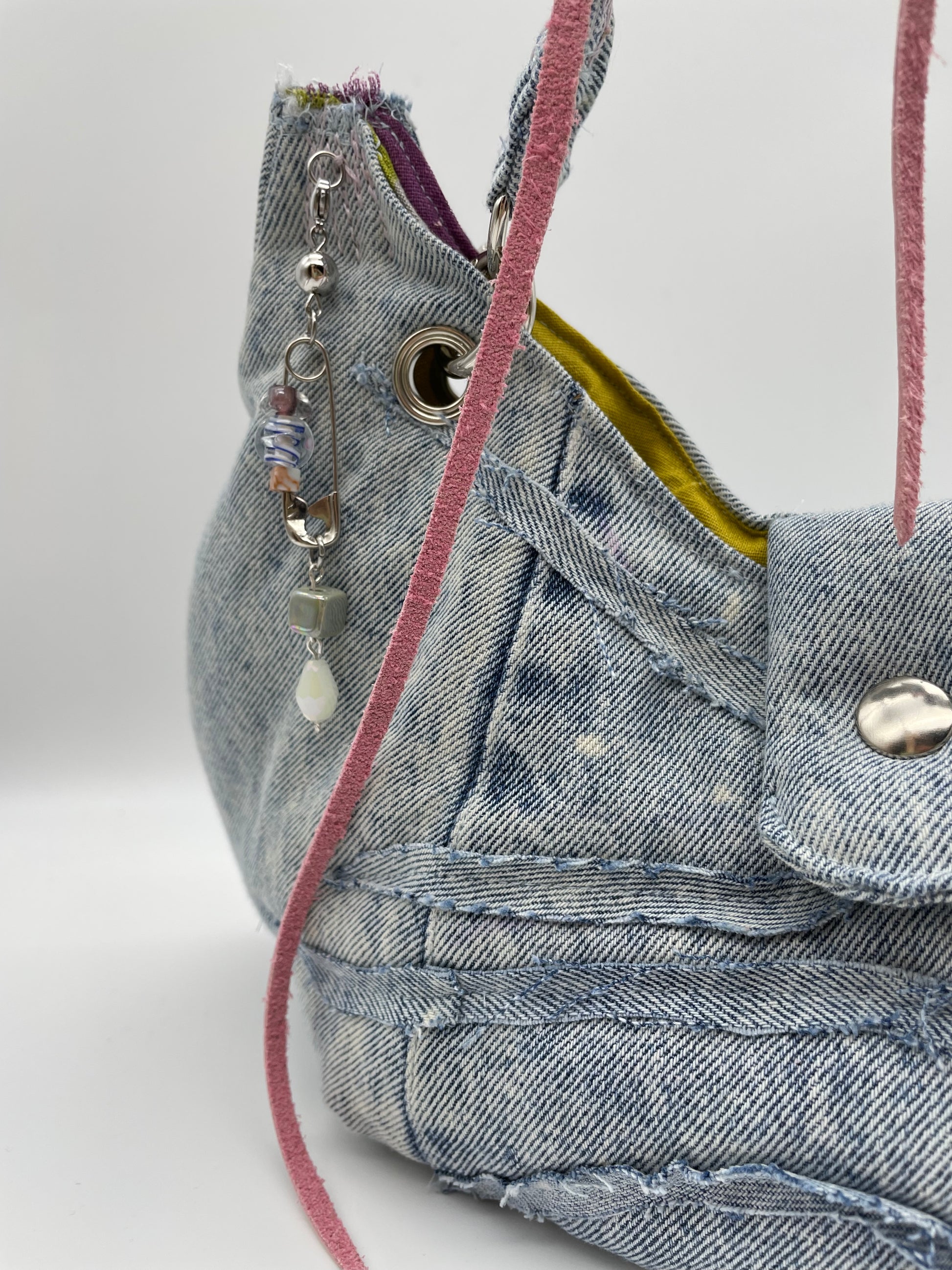 Upcycling bag washed out denim bag beads chain jeans bag scrunchy wavey padded batman