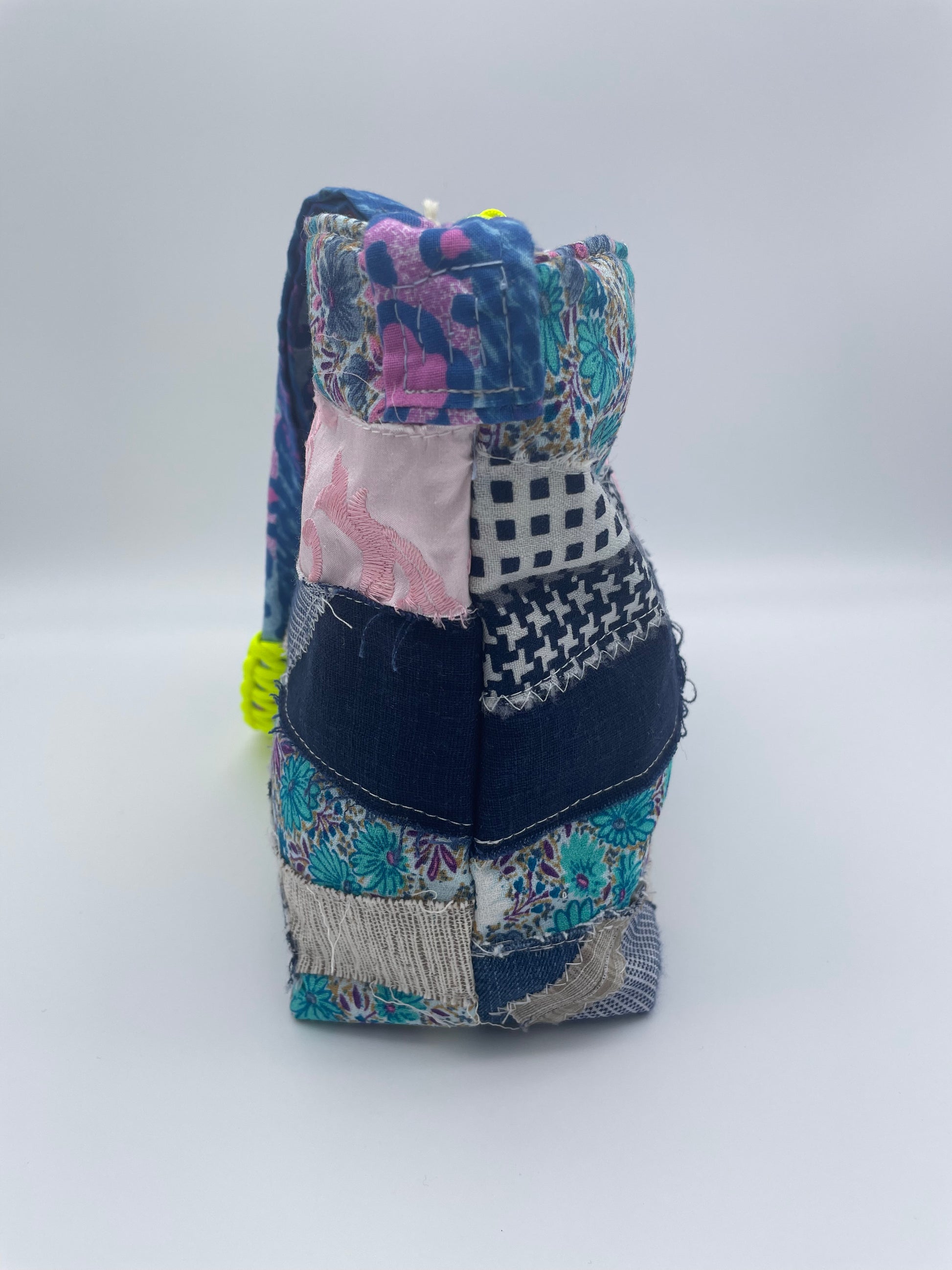 patchwork bag upcycling bag side view upcycled fabric scraps