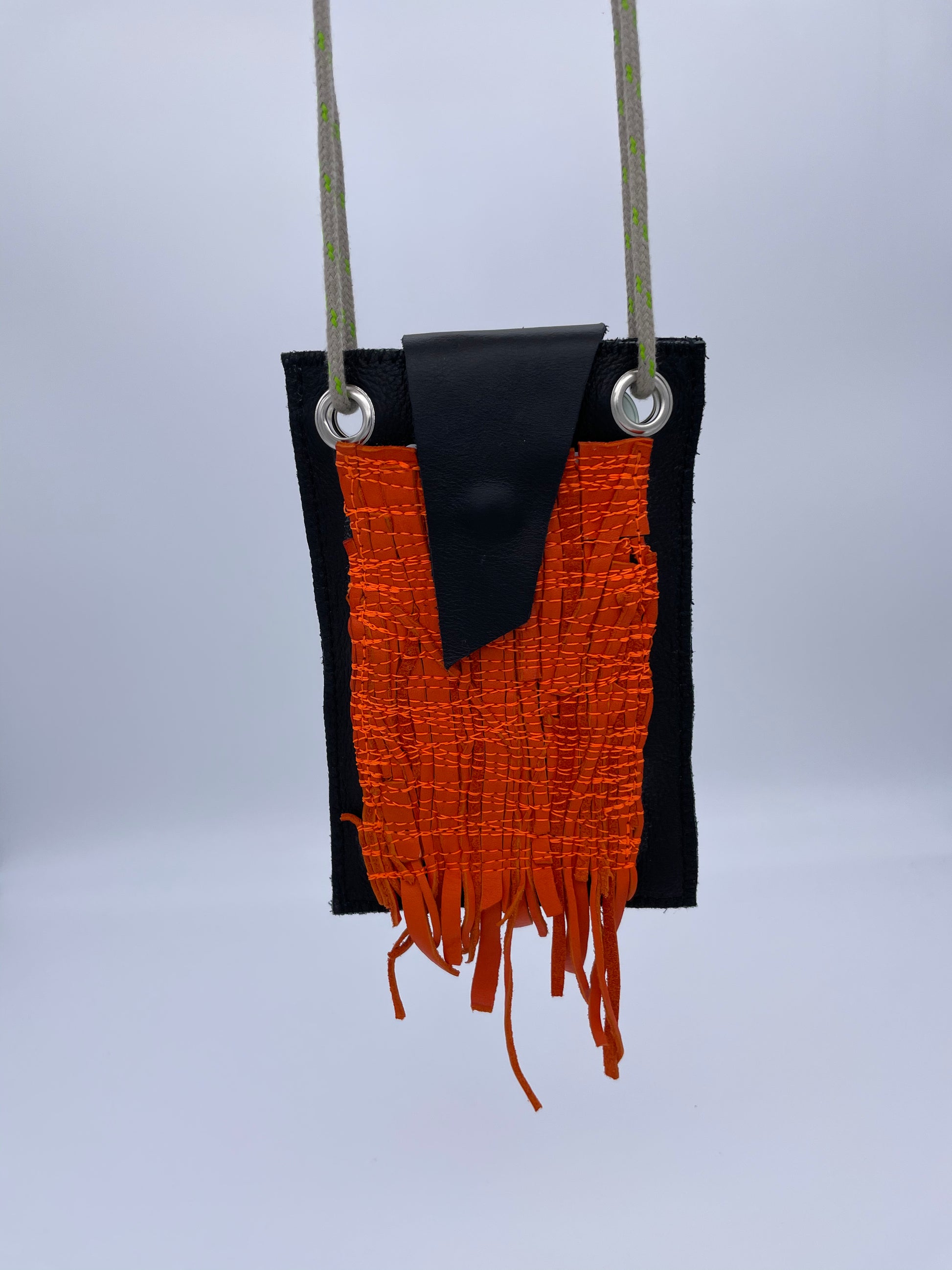Upcycling phone case bag orange Mini Sling upcycled leather black zerowaste