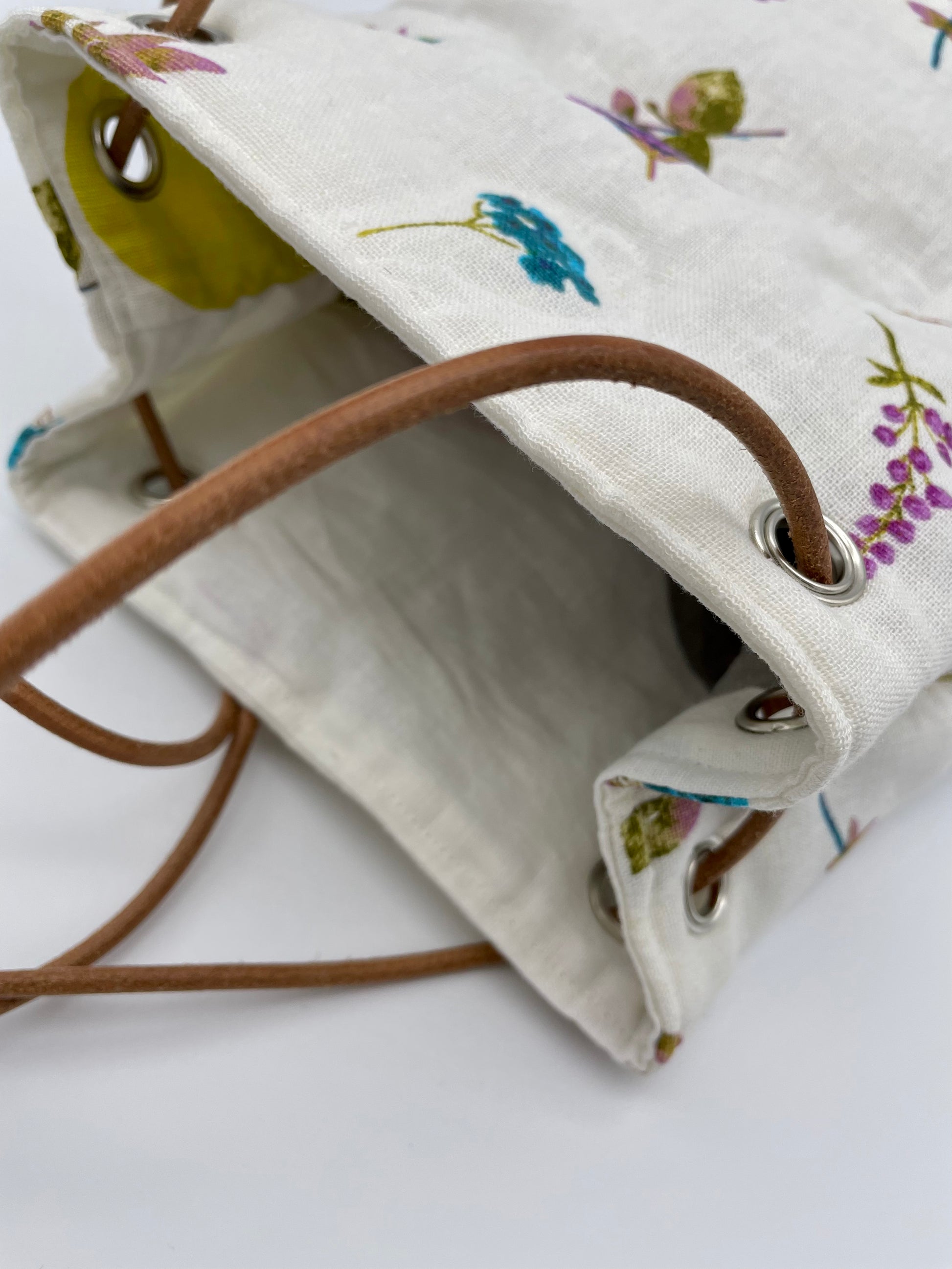 upcycled upcycling fabric bag handmade flower padded white leather strap