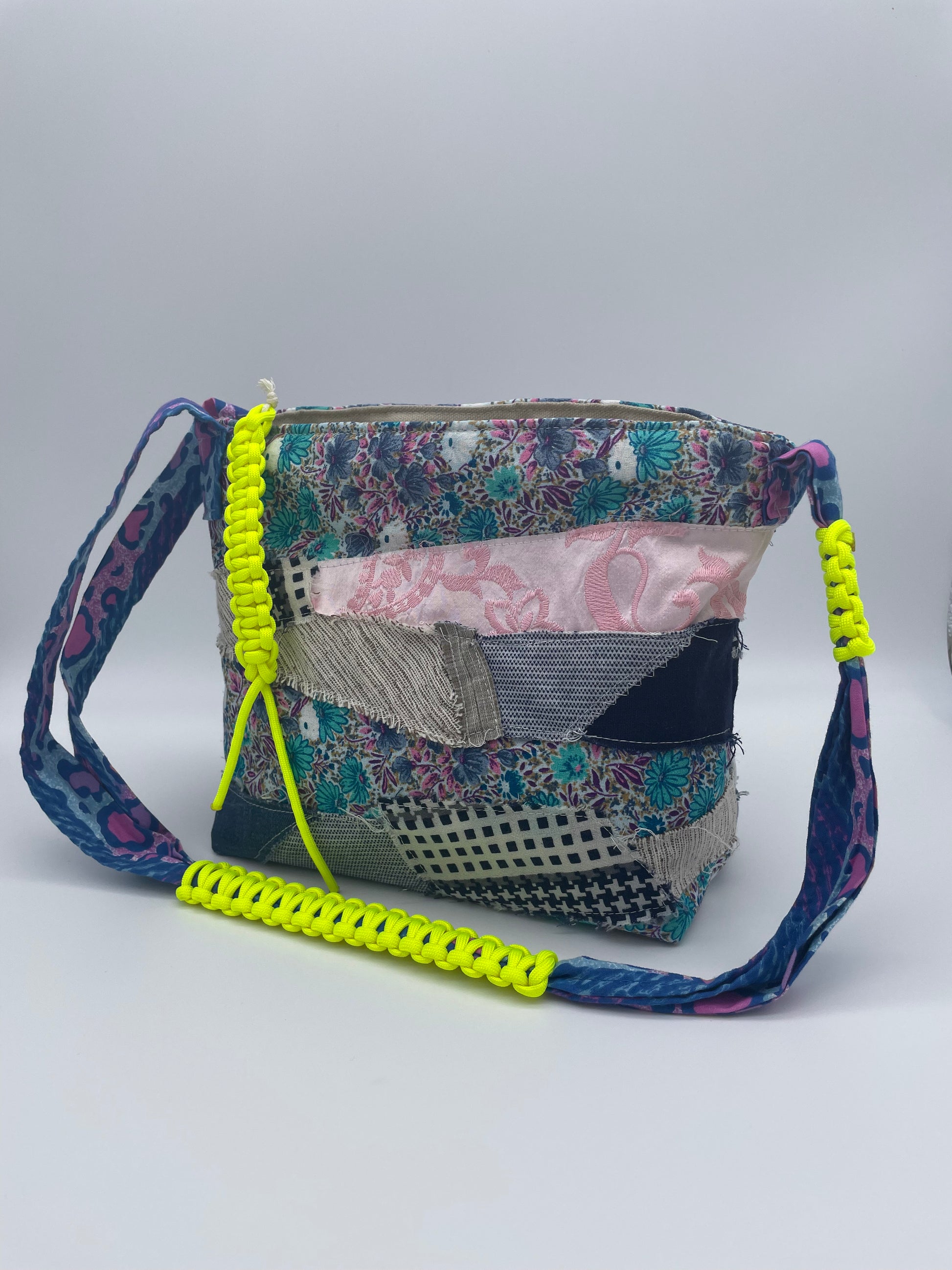 patchwork bag upcycling bag handmade upcycled bag neon yellow fabric scraps
