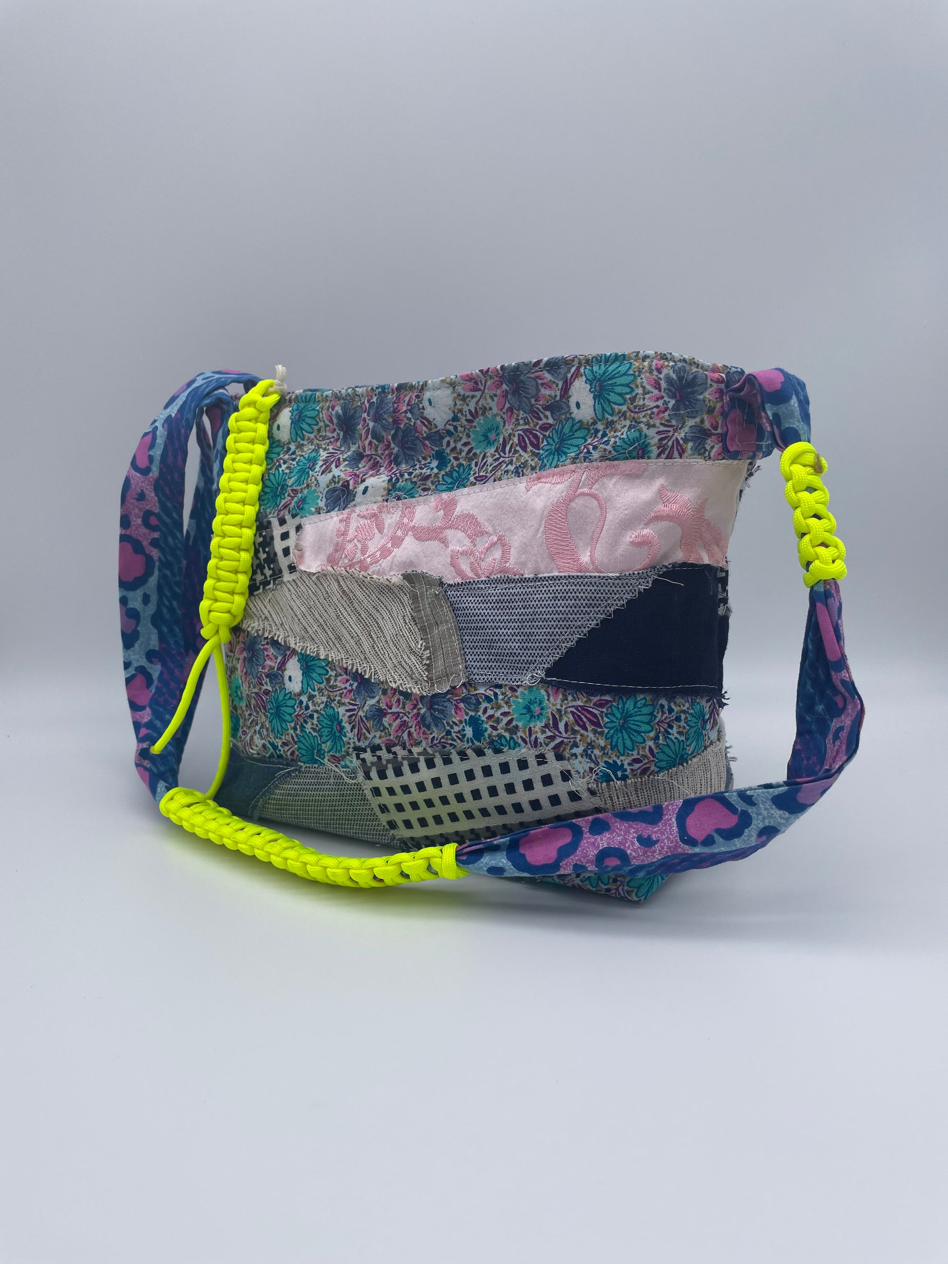 handmade patchwork bag upcycling bag upcycled bag neon yellow fabric scraps