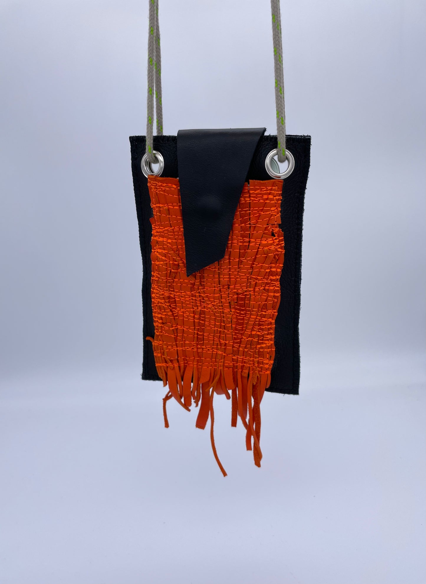 Upcycling phone case bag orange Mini Sling upcycled leather black zerowaste