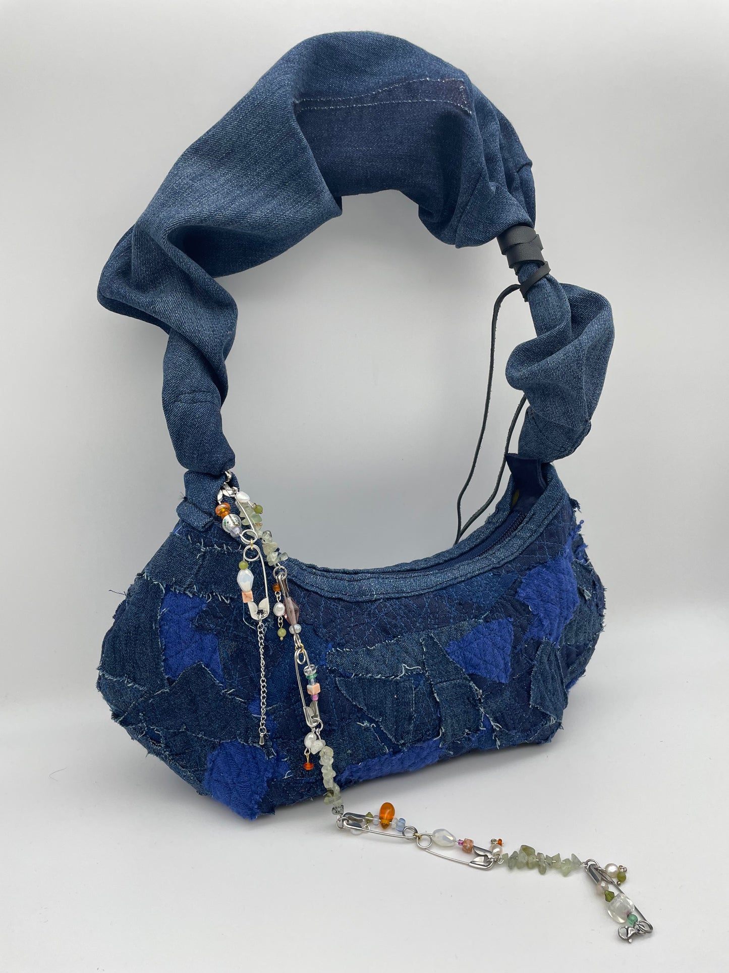 Upcycled blue denim bag scrunchy bag with beads zerowaste crazy sewed handbag