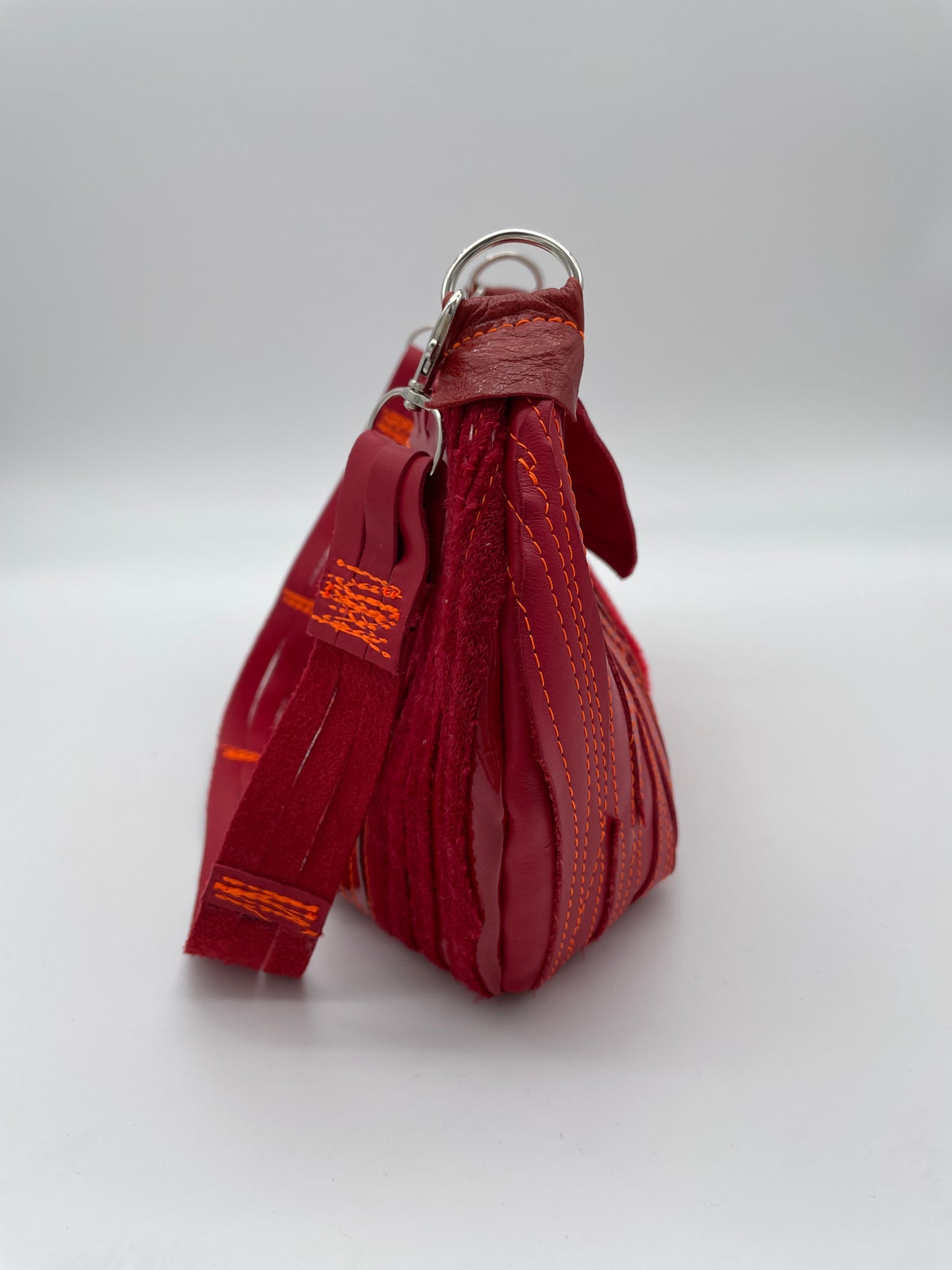 Upcycled bag red handmade bag leftover fabrics checkered repurposed one of a kind leather bag handbag