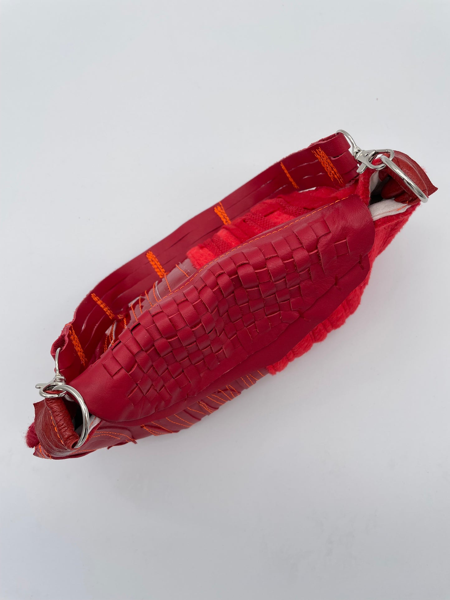 Upcycled bag red handmade bag leftover fabrics checkered repurposed one of a kind leather bag handbag