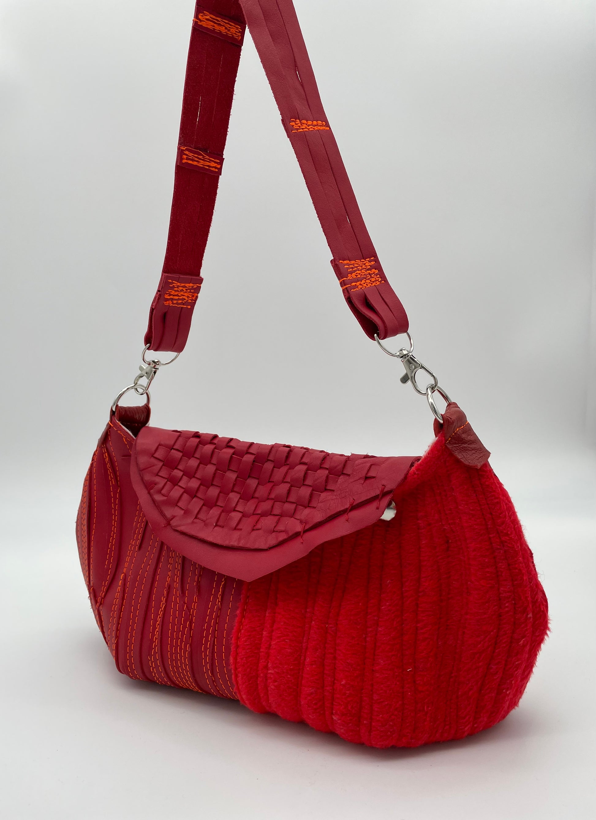 Upcycled bag red handmade bag leftover fabrics checkered repurposed one of a kind leather bag handbag