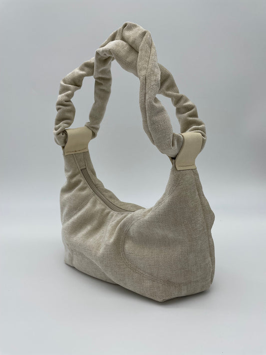 upcycling bag scrunched handle zipper handmade sculptural design