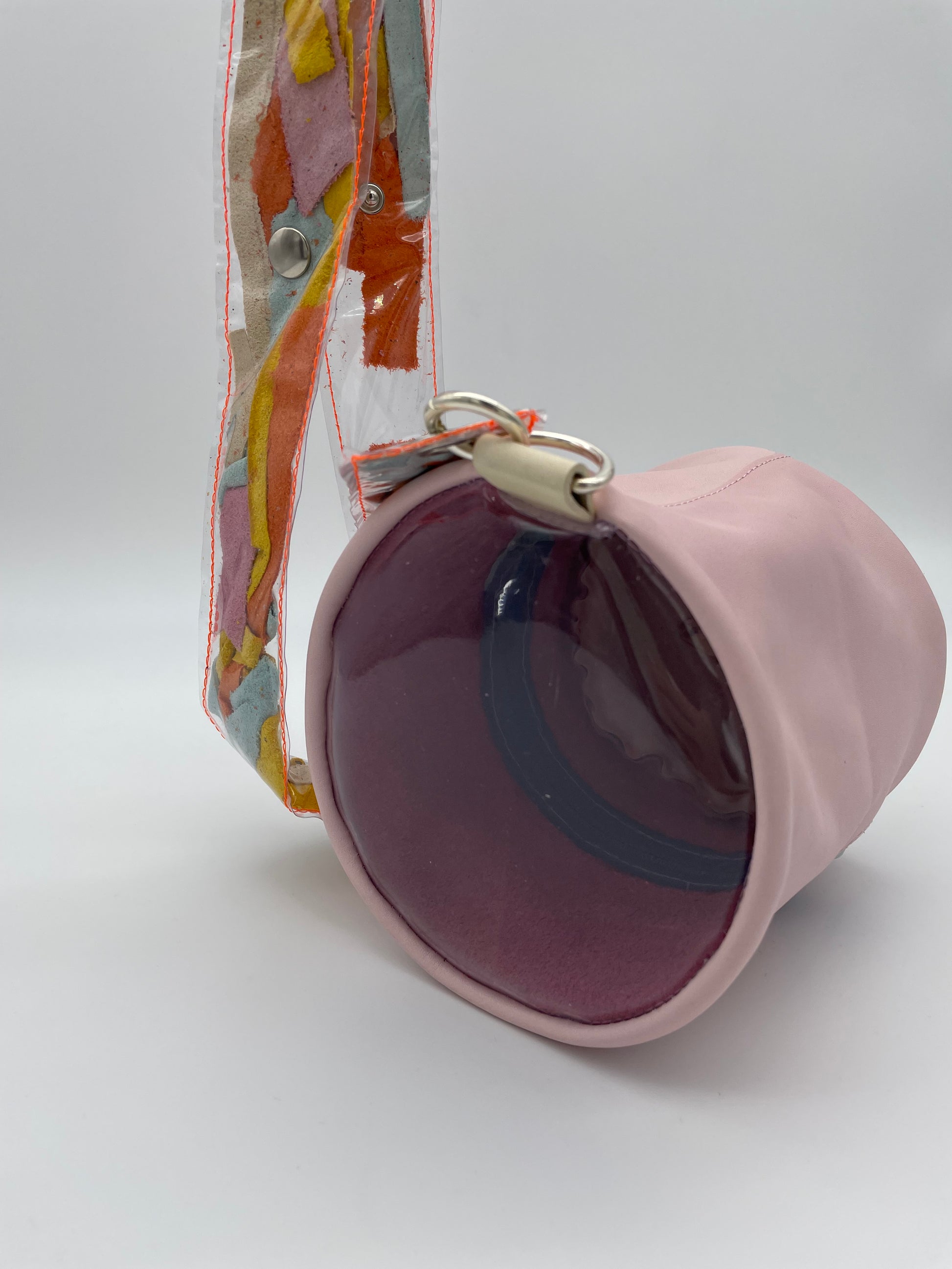 upcycled leather bag vinyl transparent colorful handmade pastel pink zerowaste