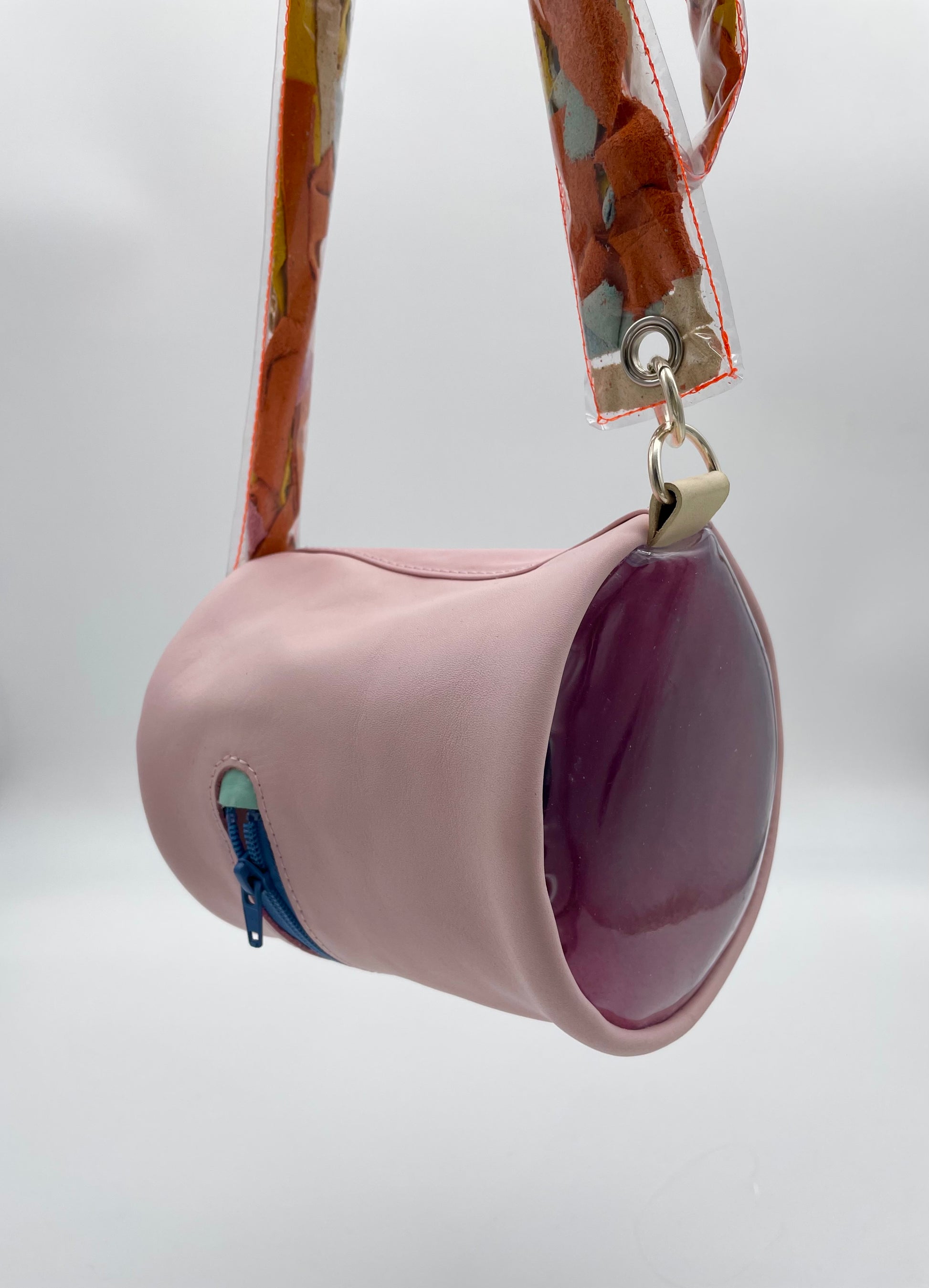 upcycled drum bag leather colorful handmade pastel pink zerowaste