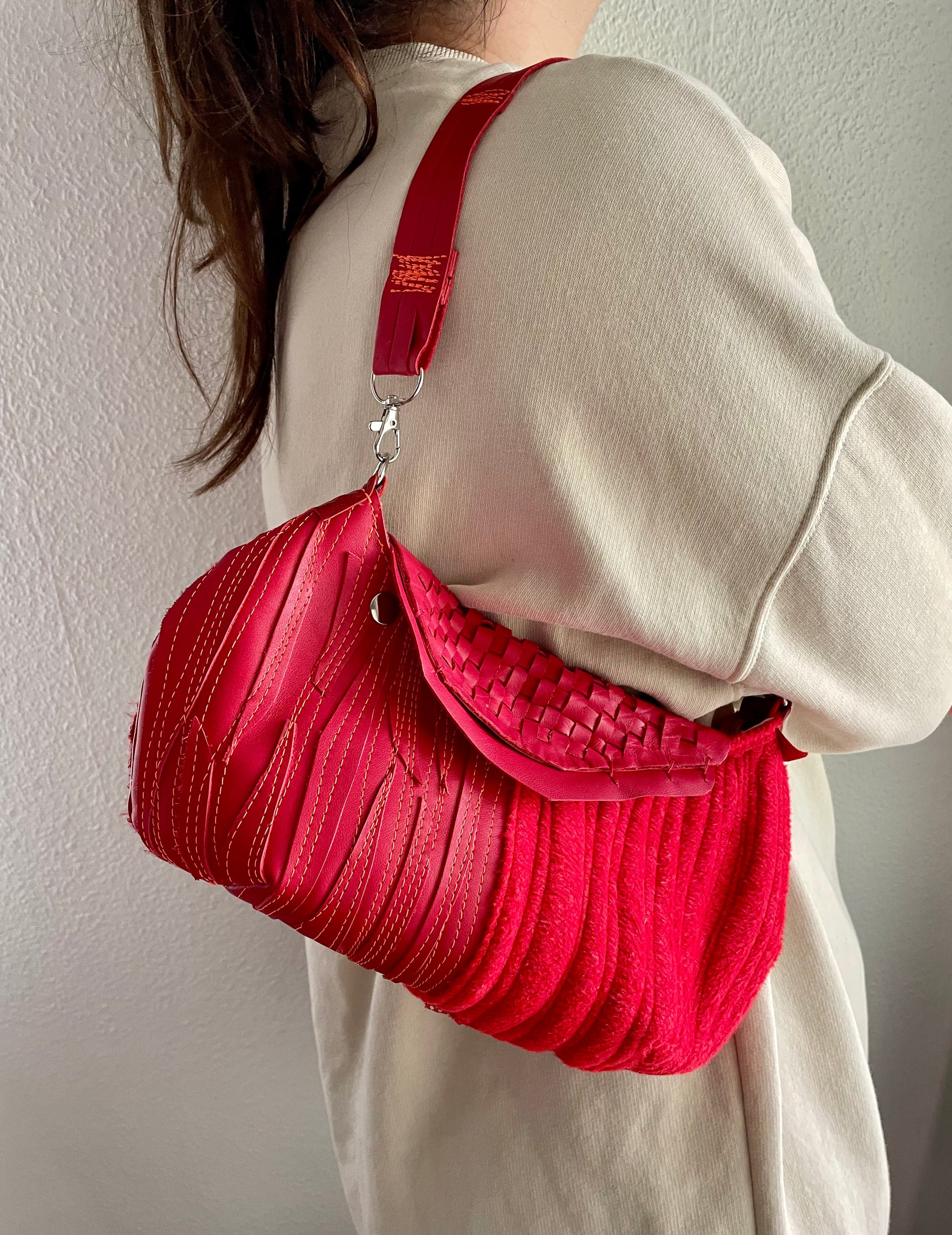 girl with red bag upcycled bag red handmade bag leftover fabrics checkered repurposed one of a kind leather bag handbag