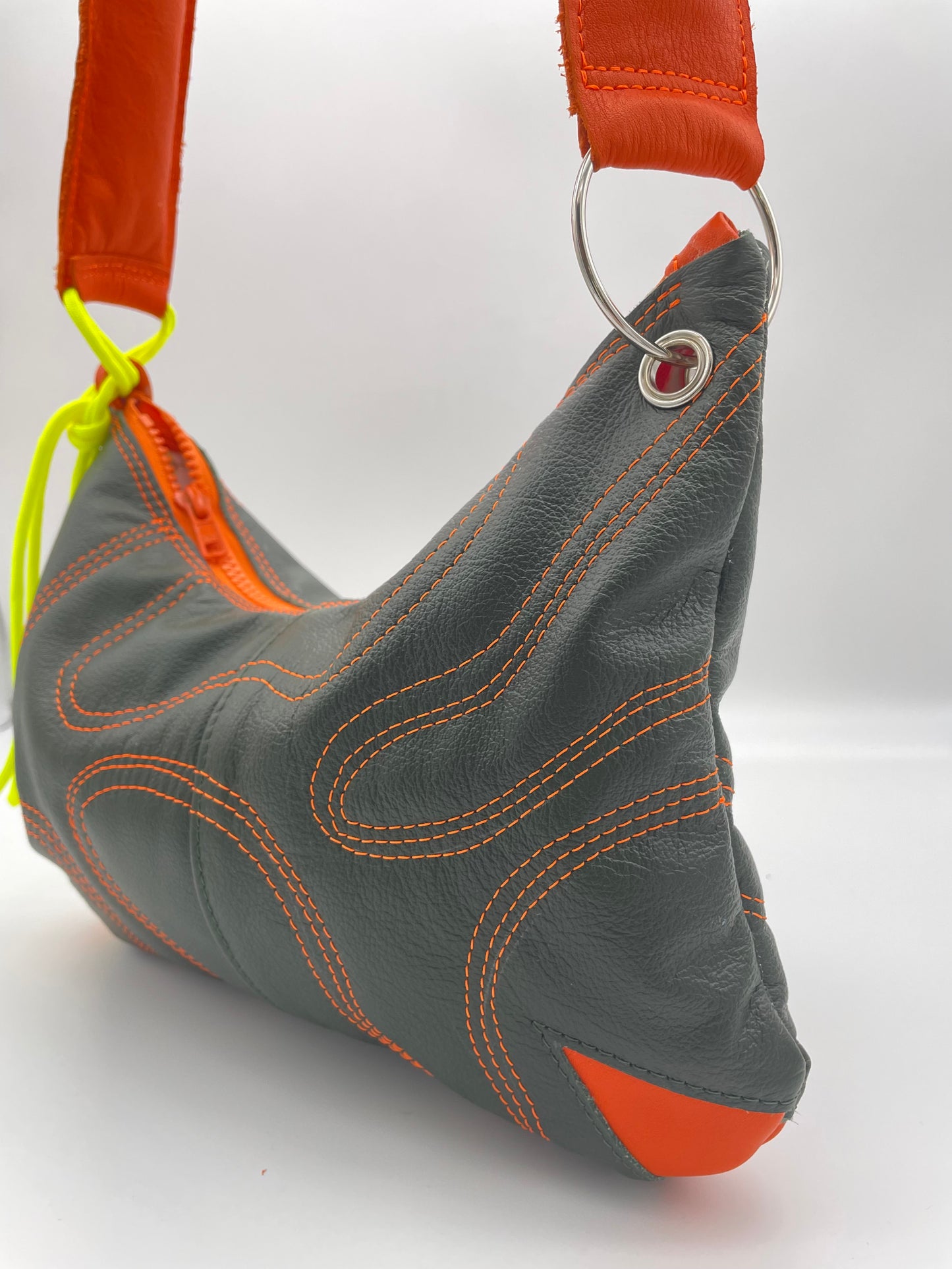 upcycling leaterh bag orange green waves padded neon yellow