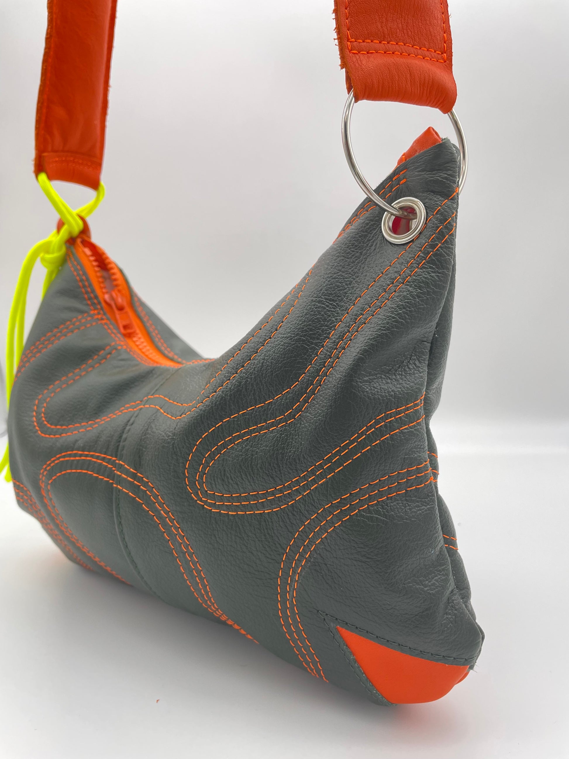 upcycling leaterh bag orange green waves padded neon yellow