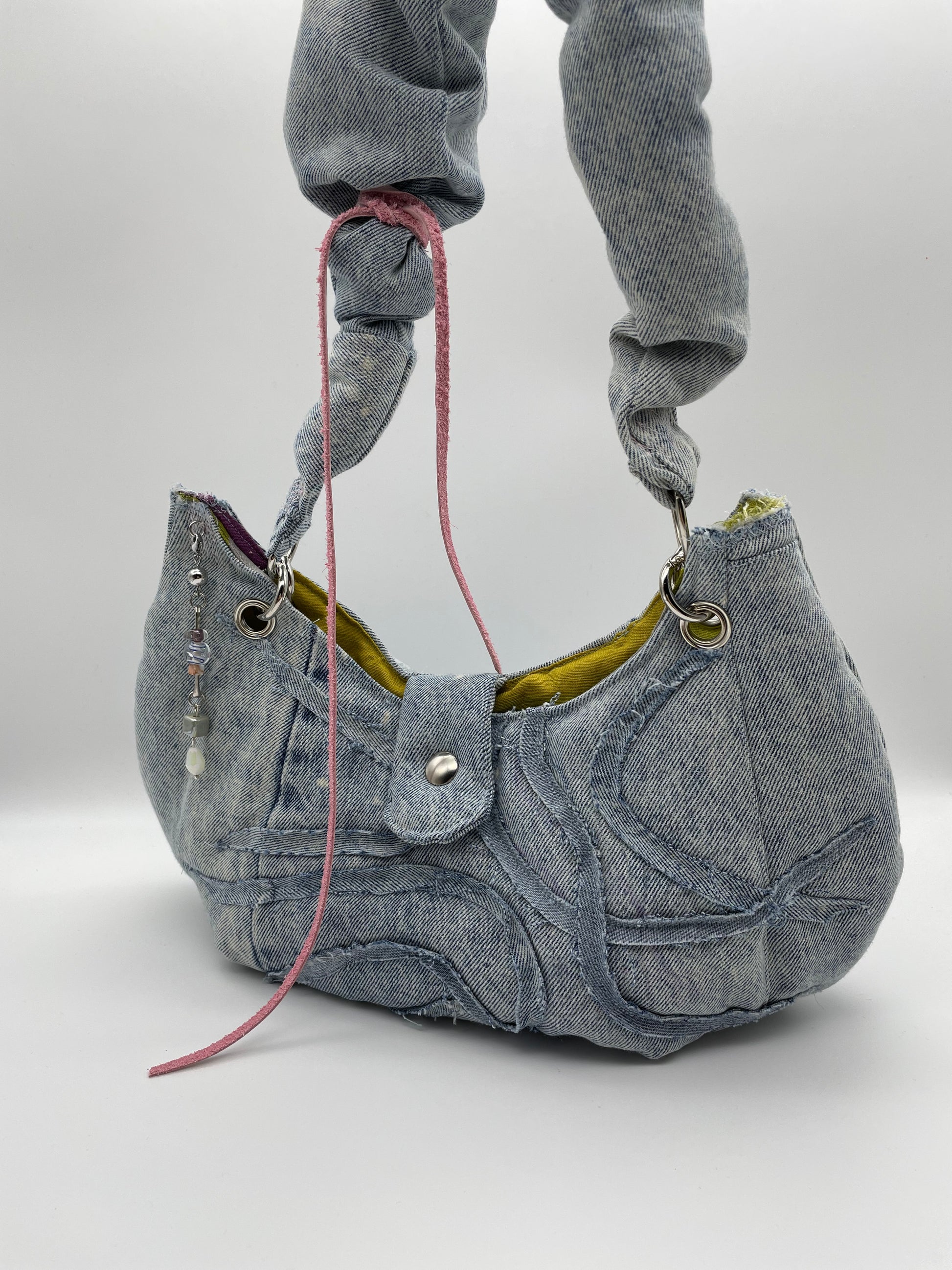 Upcycled bag washed out denim bag beads chain jeans bag scrunchy wavey padded batman