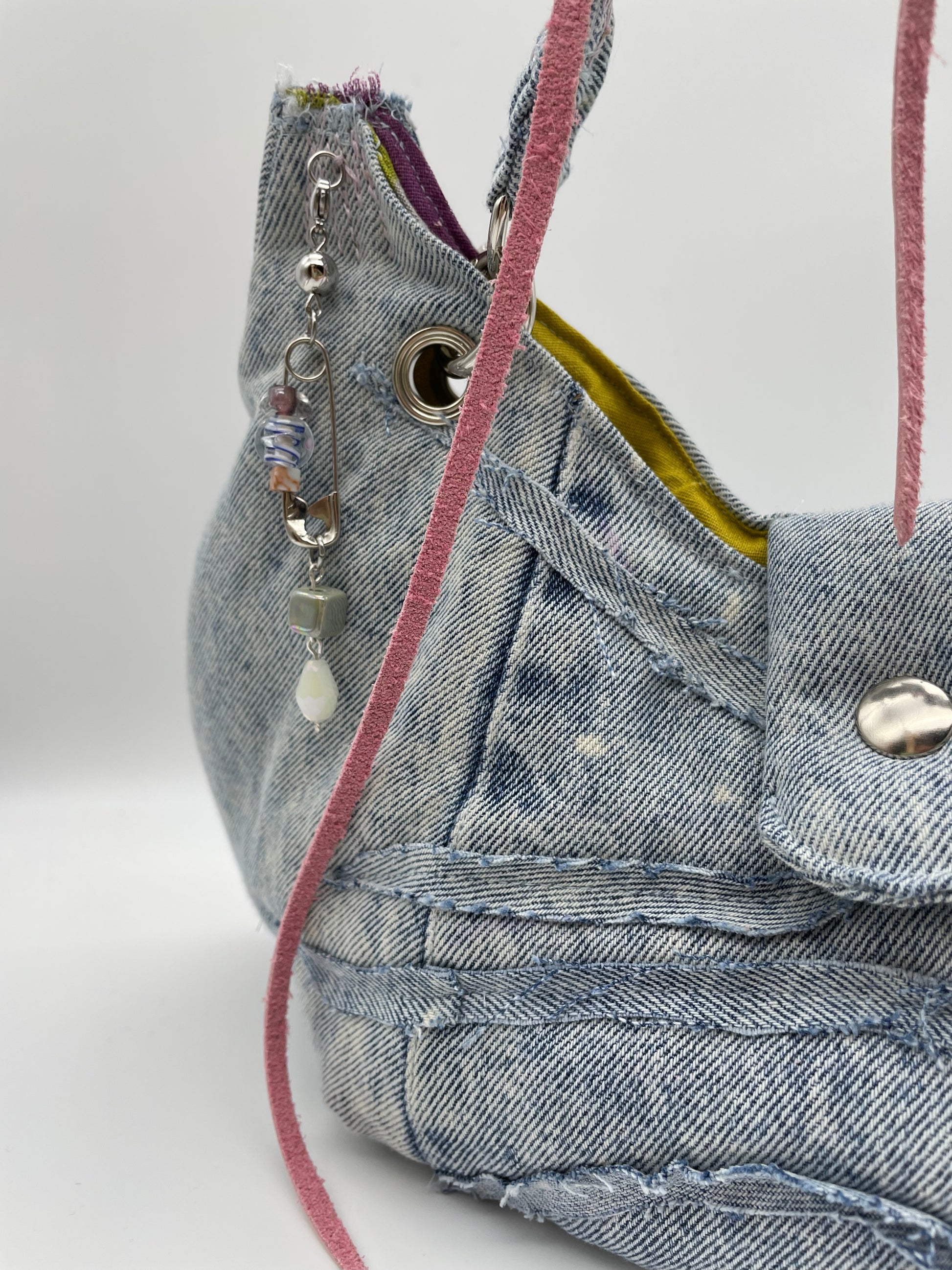 Upcycling bag washed out denim bag beads chain jeans bag scrunchy wavey padded batman
