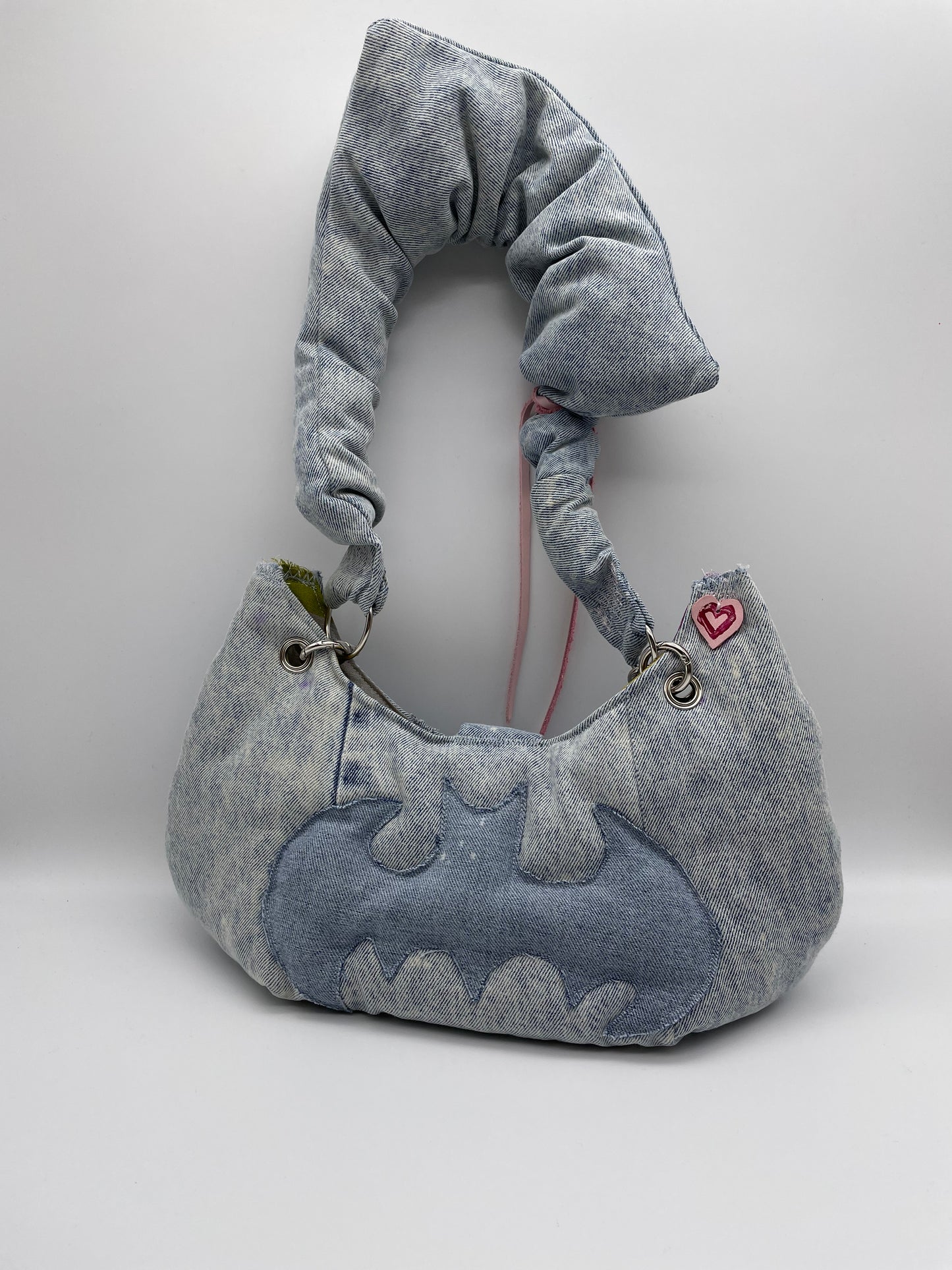 Upcycling bag washed out denim bag jeans bag scrunchy wavey padded batman