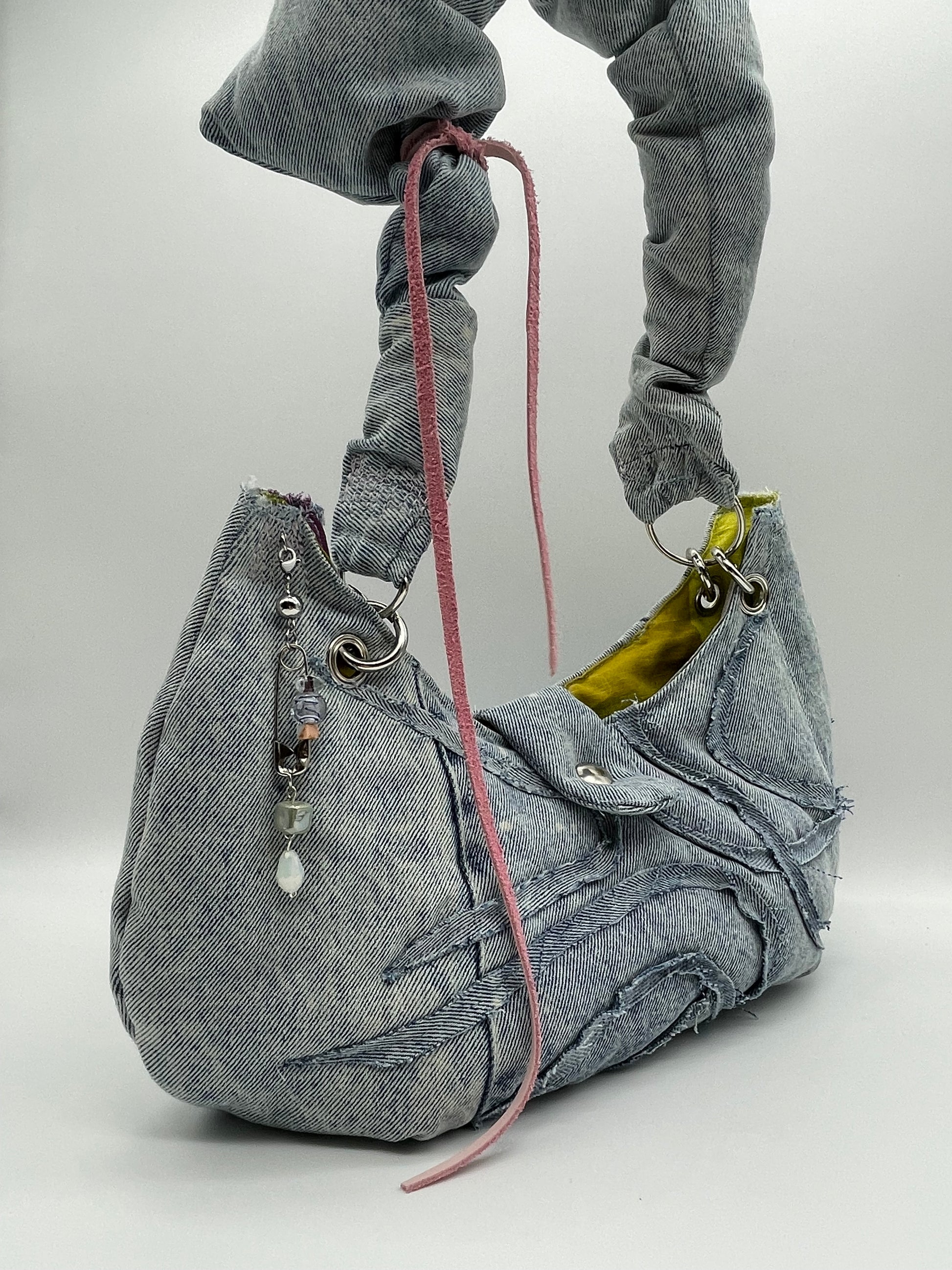 Upcycling bag washed out denim bag beads chain jeans bag scrunchy wavey padded pink leather