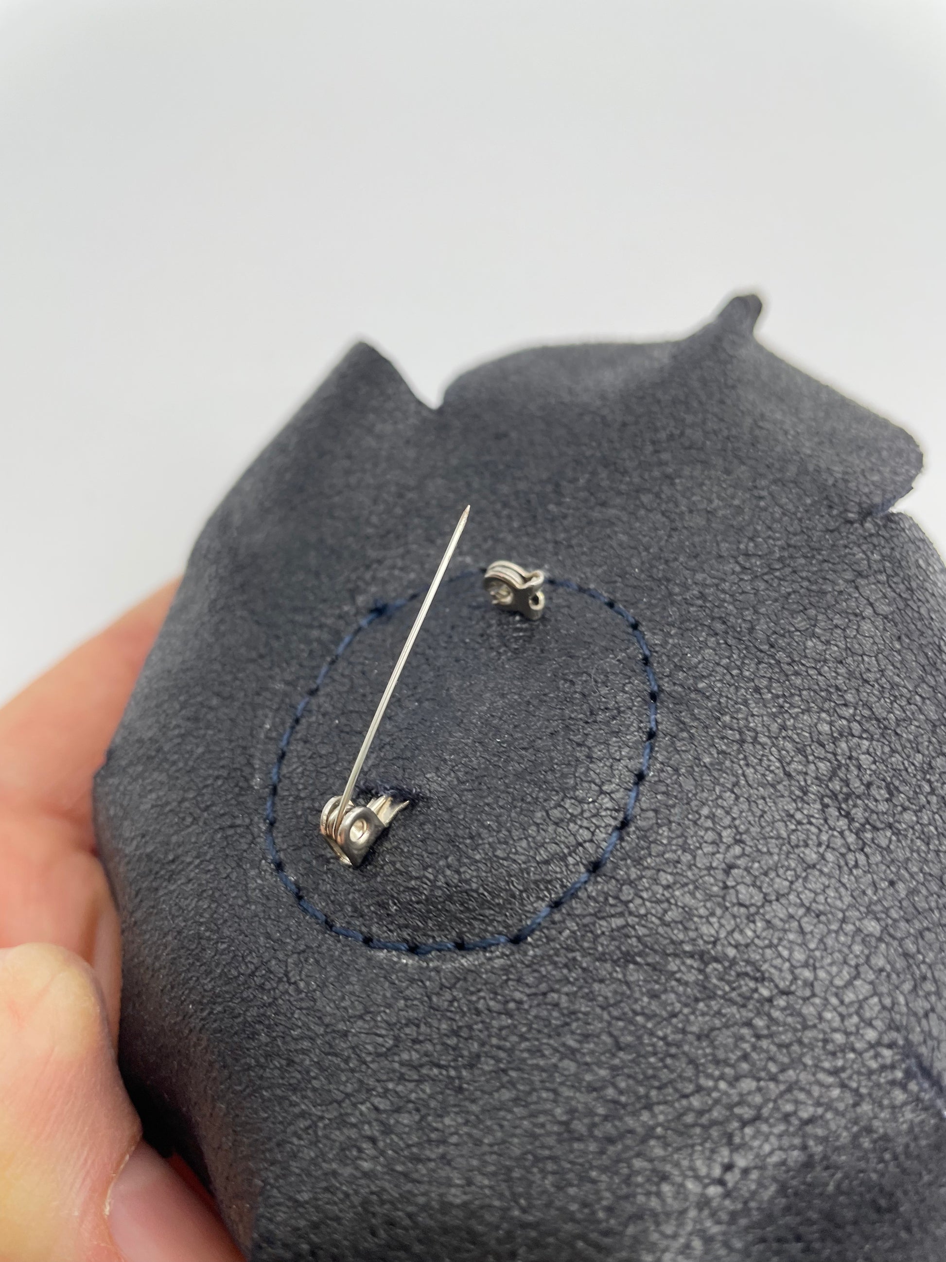 Upcycling brooch leather security pin flower navi blue handmade bag jewlery