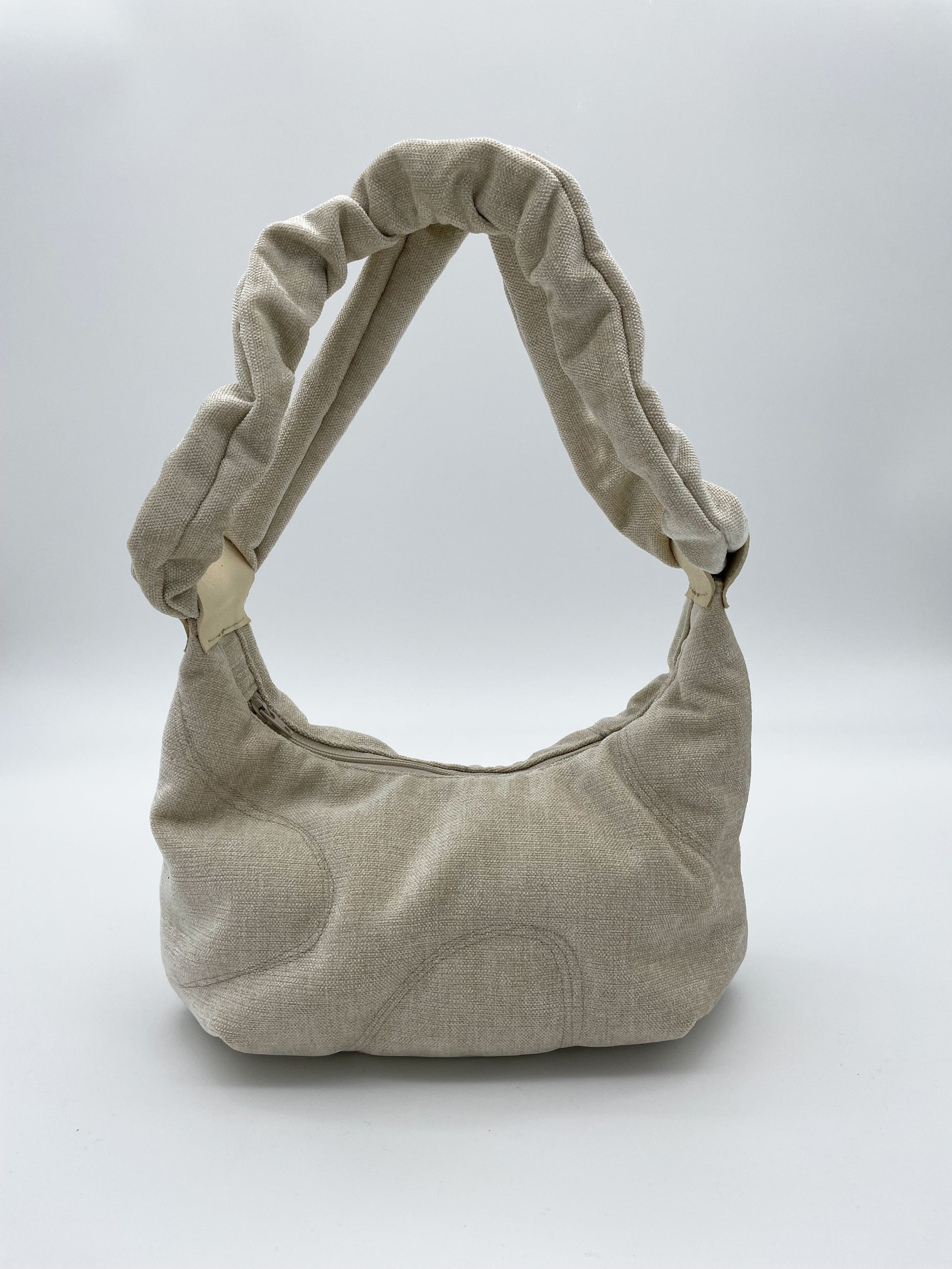 upcycling bag scrunched handle zipper handmade sculptural design