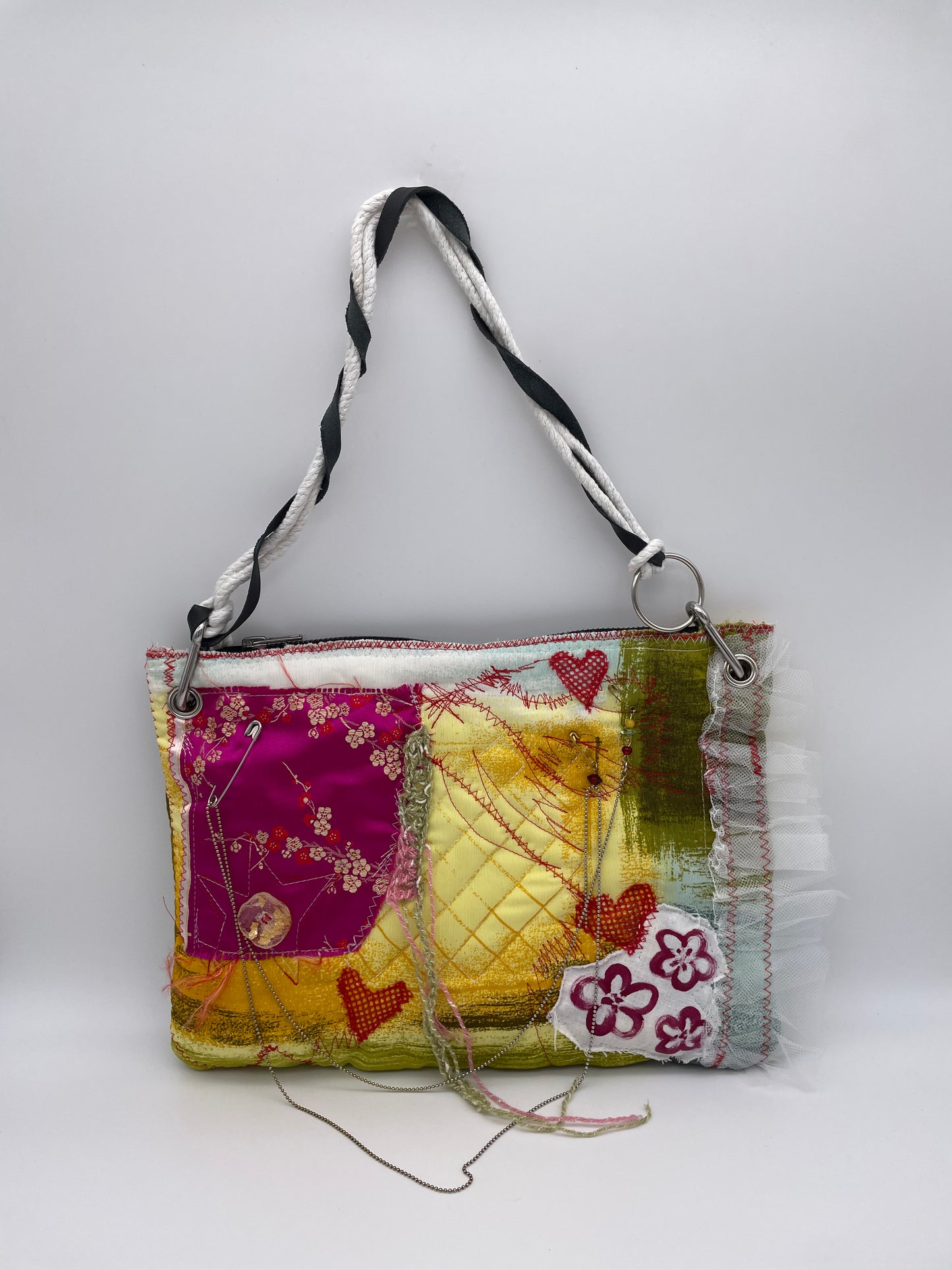 pink green yellow Upcycling bag pouch PARIS handmade fabric scraps bag reworked bag heart flower