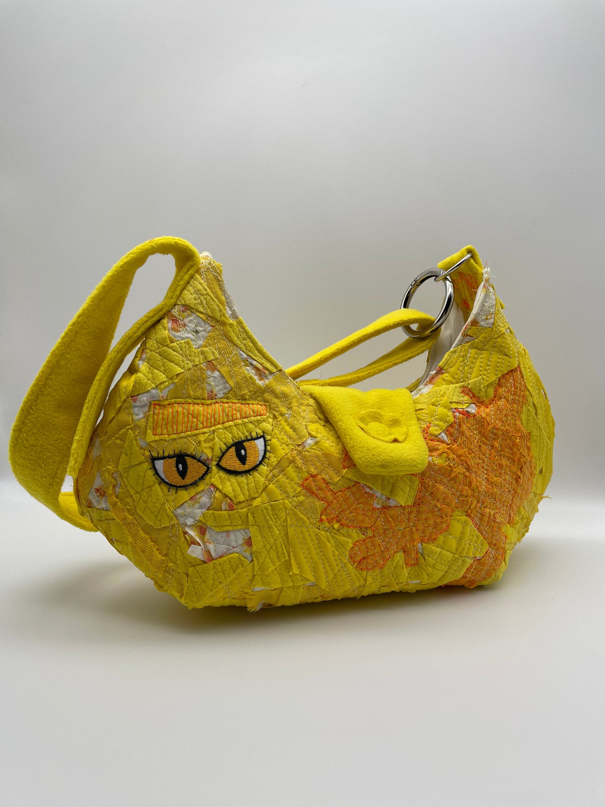 upcycled yellow bag fabric scraps upcycling eyes handmade bag 