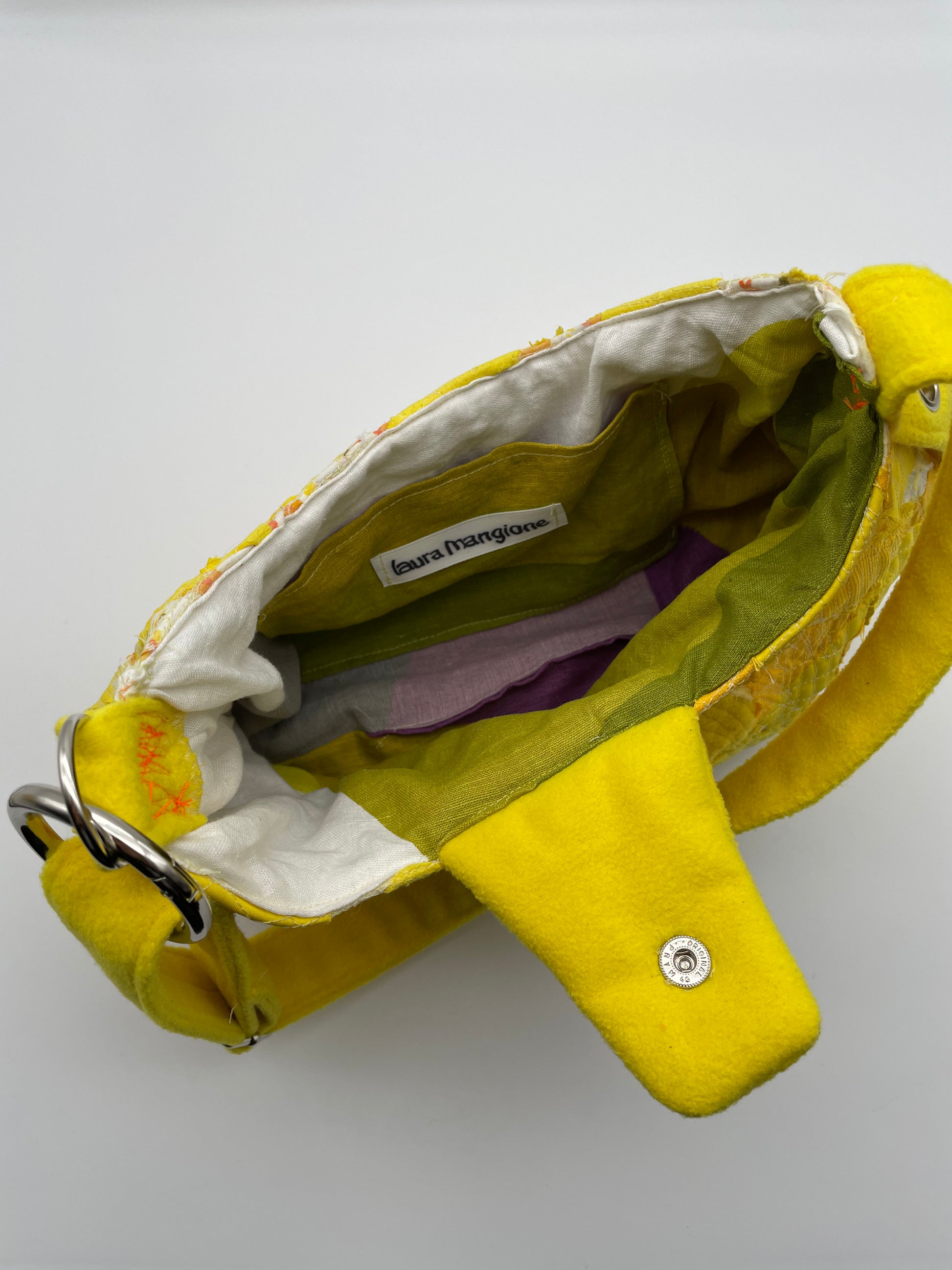 upcycled yellow bag fabric scraps upcycling eyes handmade bag wild sewed bag