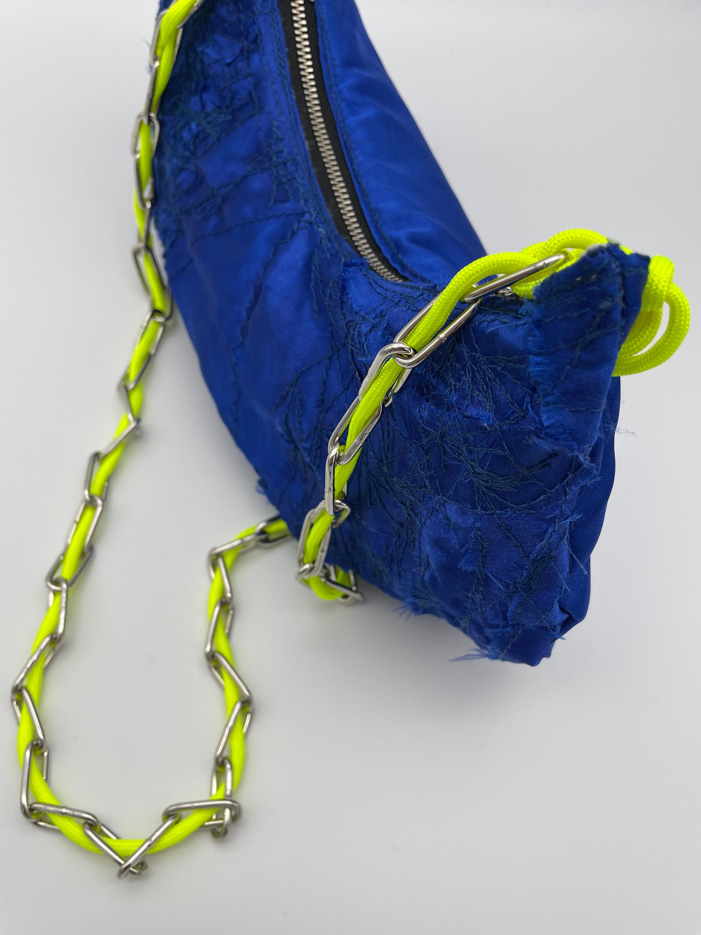 Upcycling bag royal blue neon yellow handmade patchwork fabric scraps