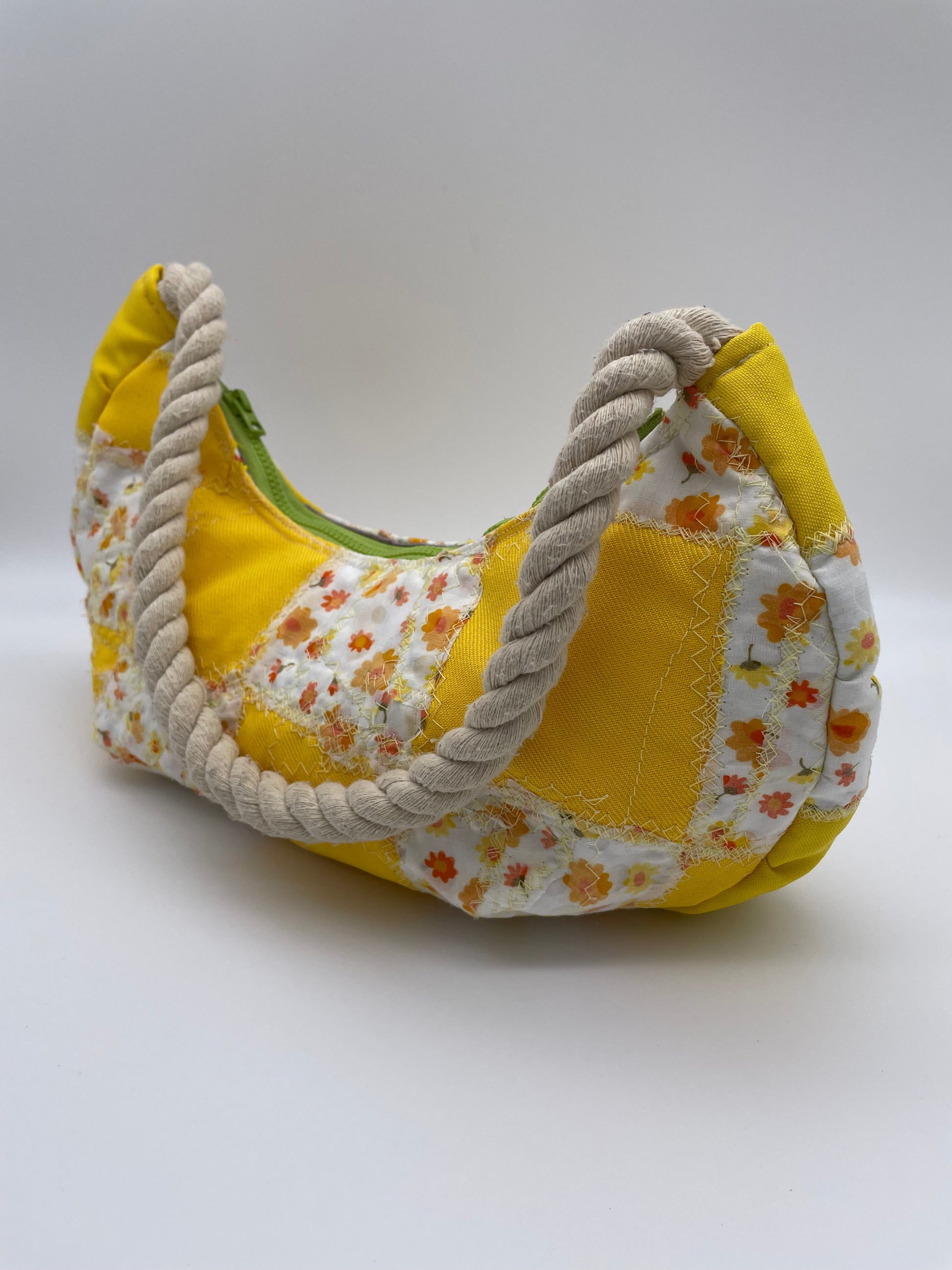 Upcycling bag yellow flower power checkered handmade bag maritime rope