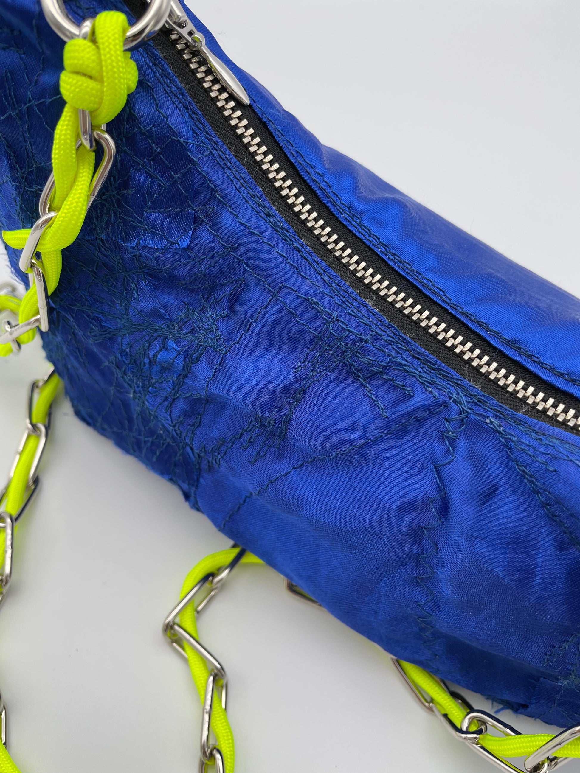 Upcycled bag royal blue silver zipper neon yellow handmade patchwork fabric scraps