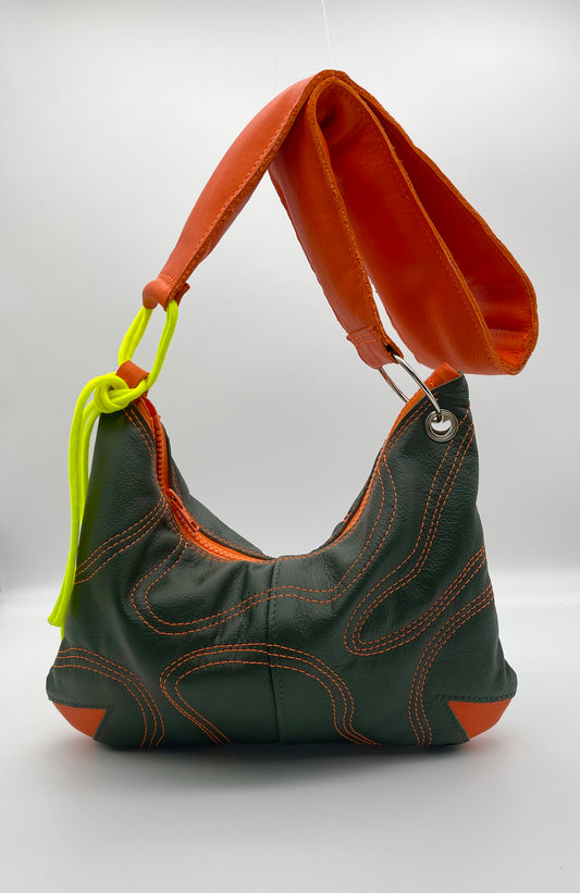 upcycling leather bag orange green waves padded neon yellow
