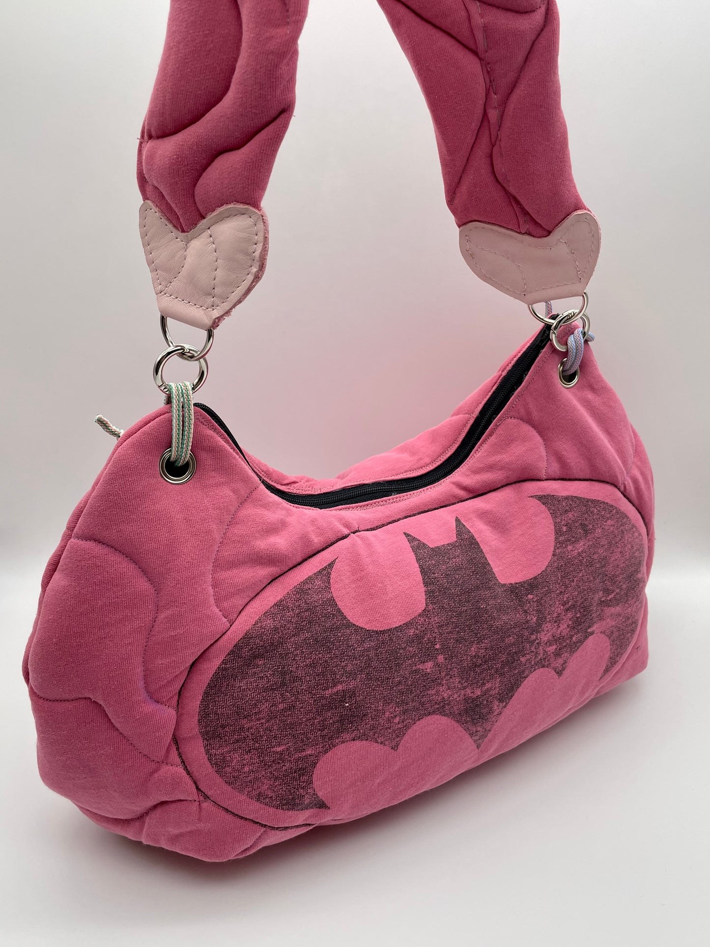 Strap leather pink wave padded bag curtains inlay upcycling bag reworked discarded clothes batman one of a kind handmade
