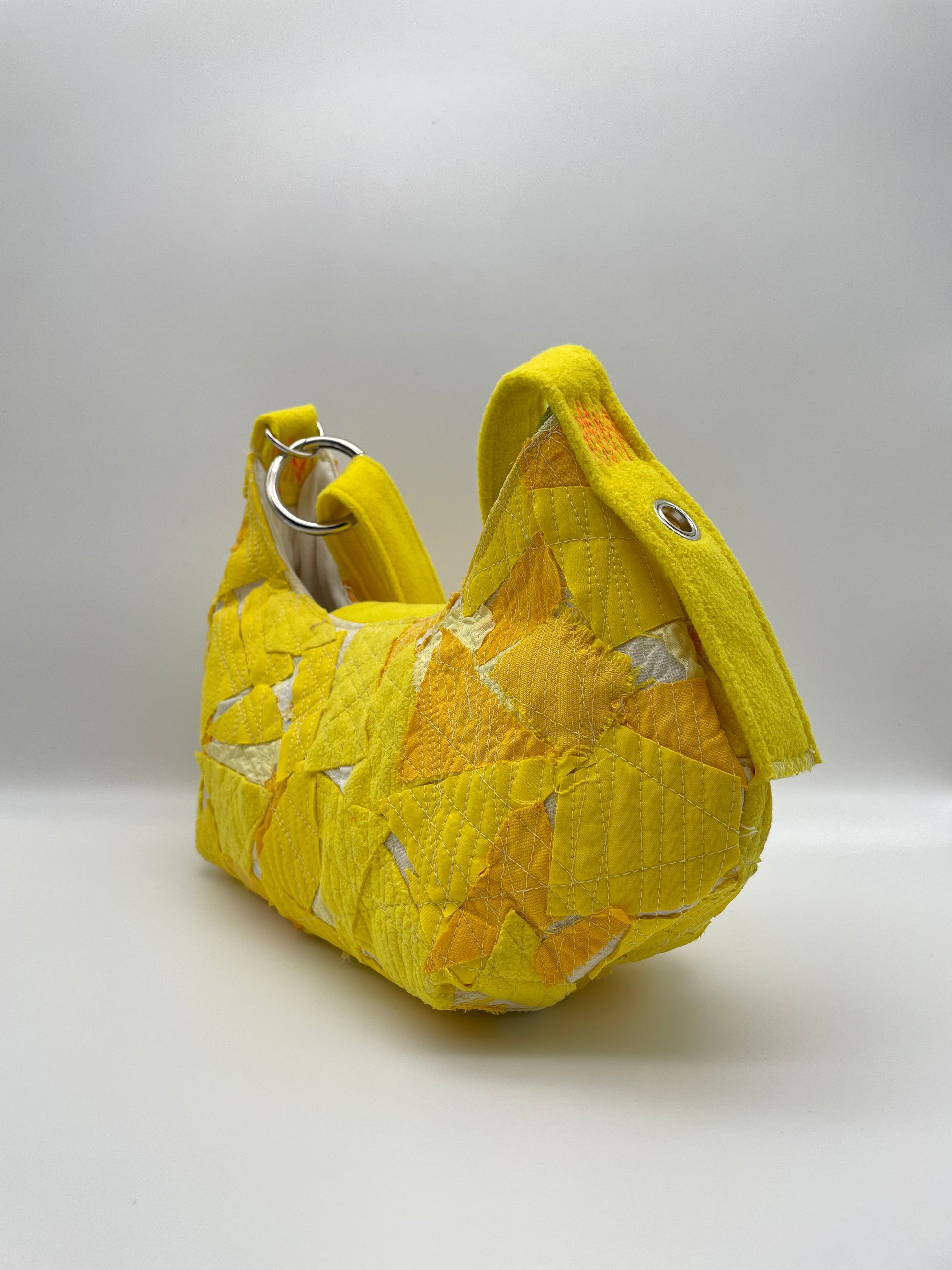 upcycled yellow bag fabric scraps upcycling eyes handmade bag wild sewed bag