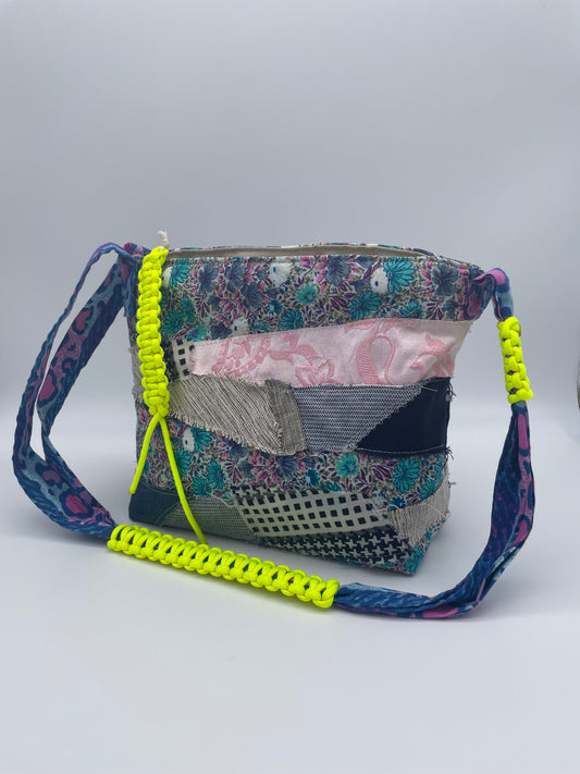 patchwork bag upcycling bag handmade upcycled bag neon yellow fabric scraps