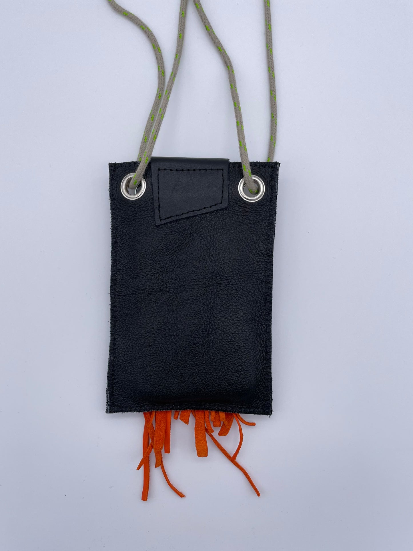 Upcycling phone case bag orange fringes Mini Sling upcycled leather black zerowaste