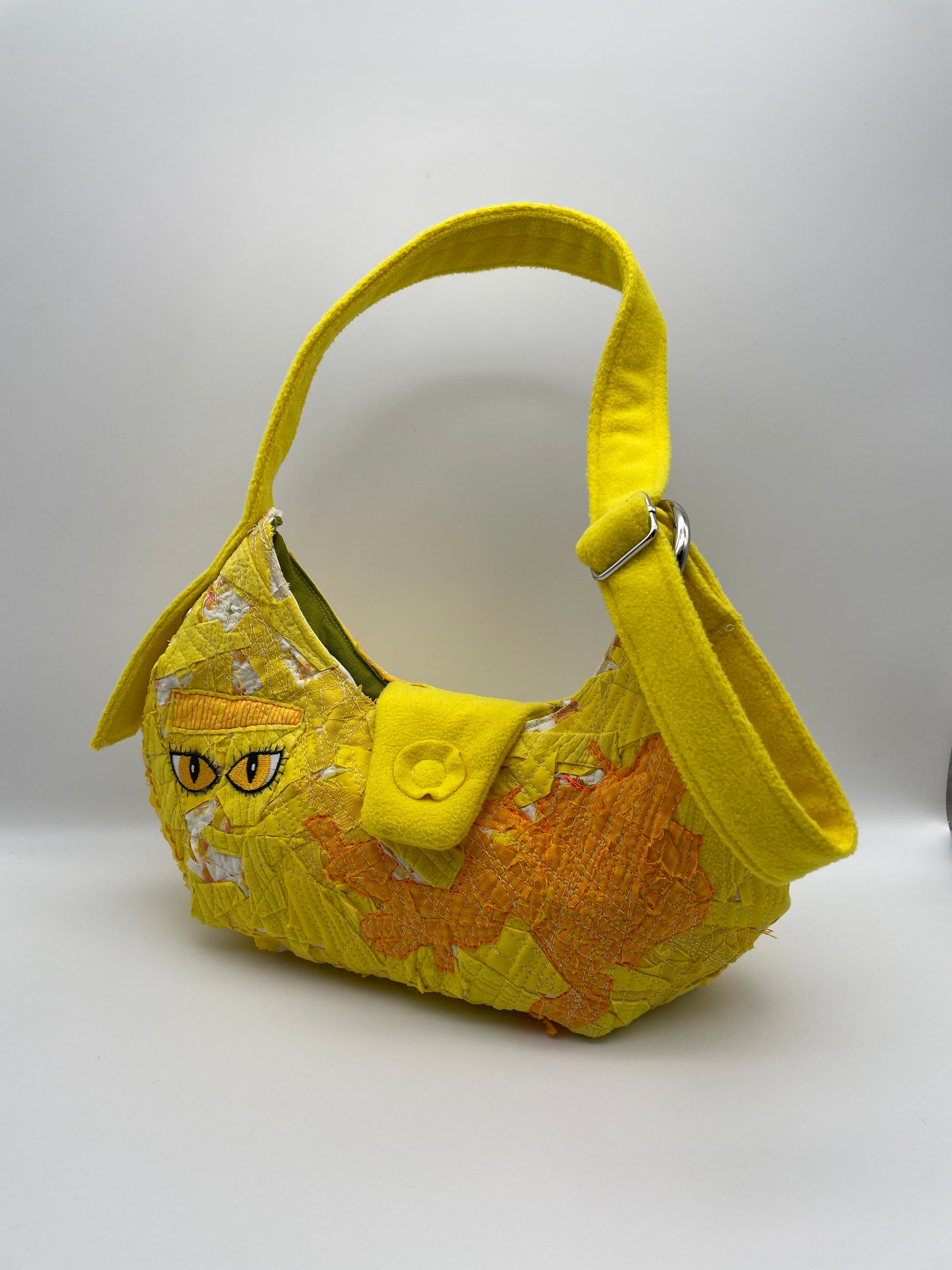 upcycled yellow saffran bag fabric scraps upcycling eyes handmade bag wild sewed bag