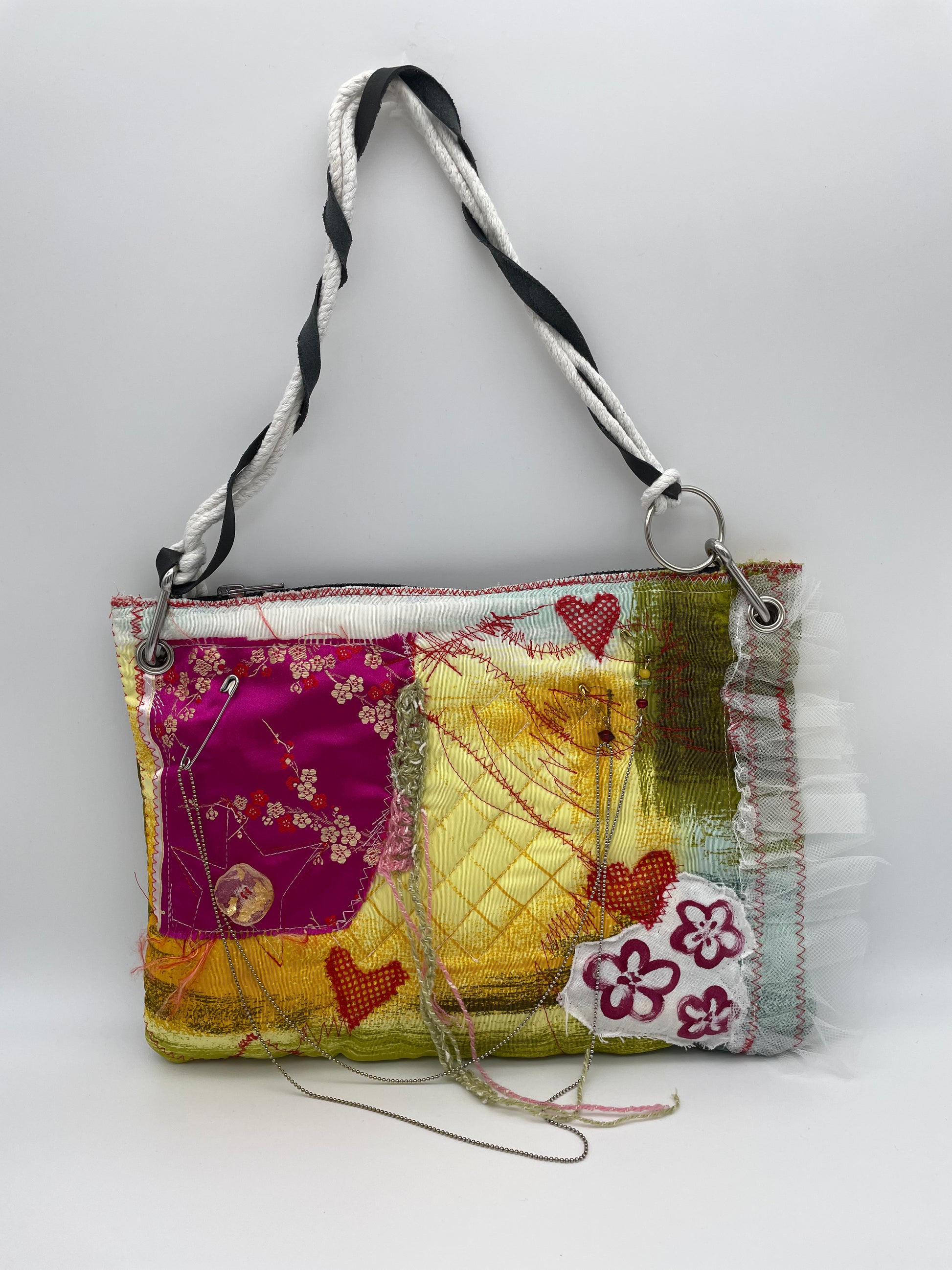 Upcycling bag pouch PARIS handmade fabric scraps bag reworked bag heart flowers