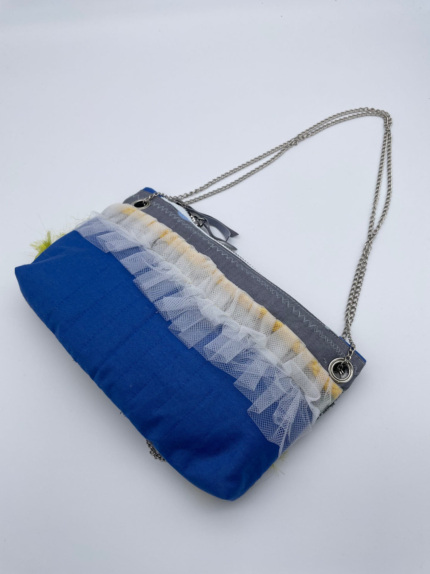 upcycled mini bag upcycling bag zerowaste handmade discarded fabric leftover patchwork reworked bag blue white tulle
