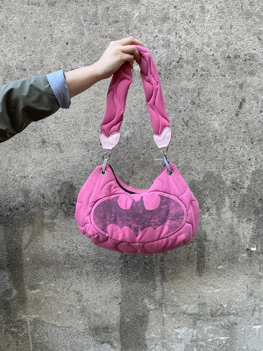 upcycling bag reworked discarded clothes batman pink one hand
