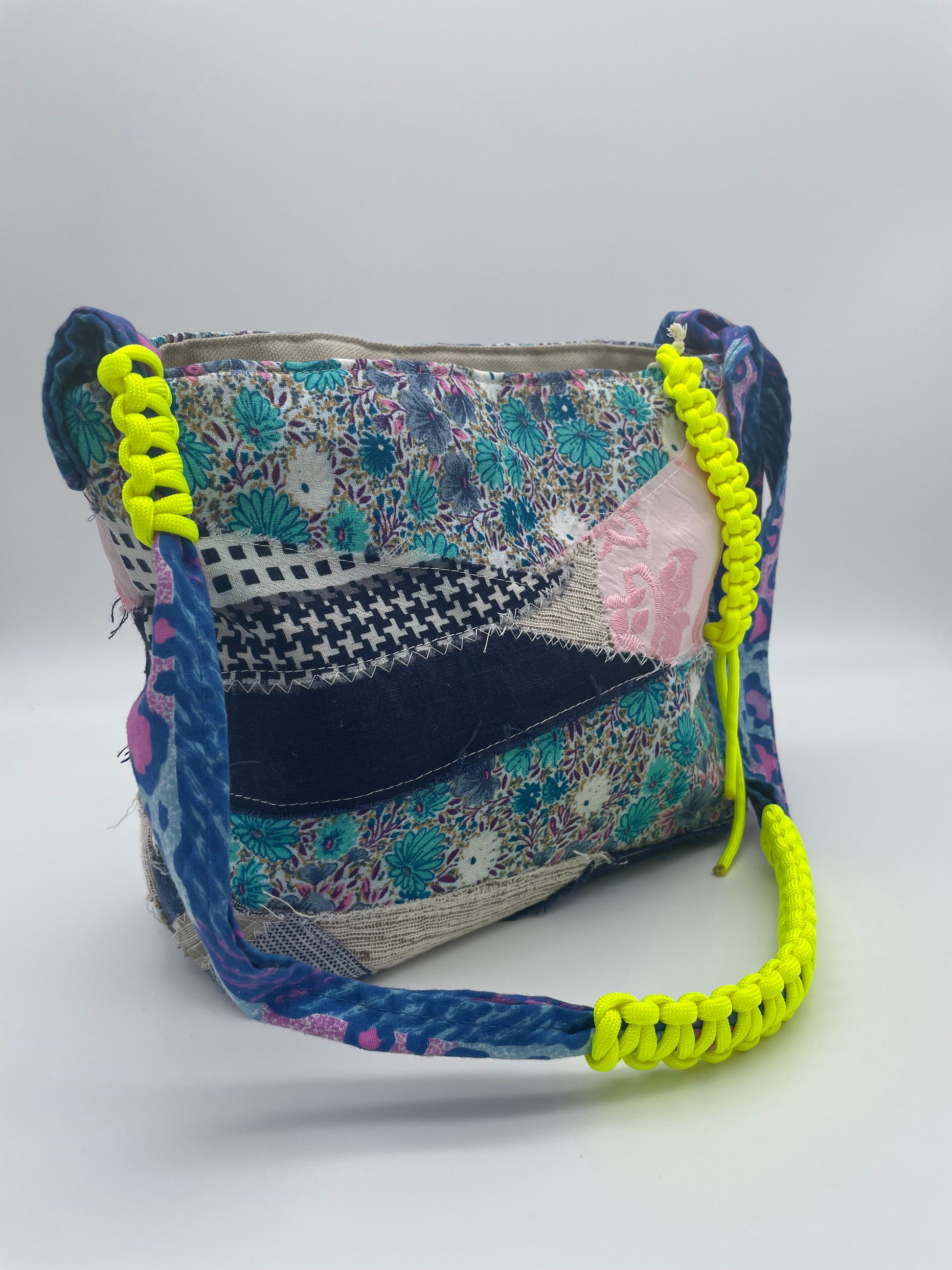 upcycling patchwork bag handmade upcycled shoulderbag neon yellow fabric scraps