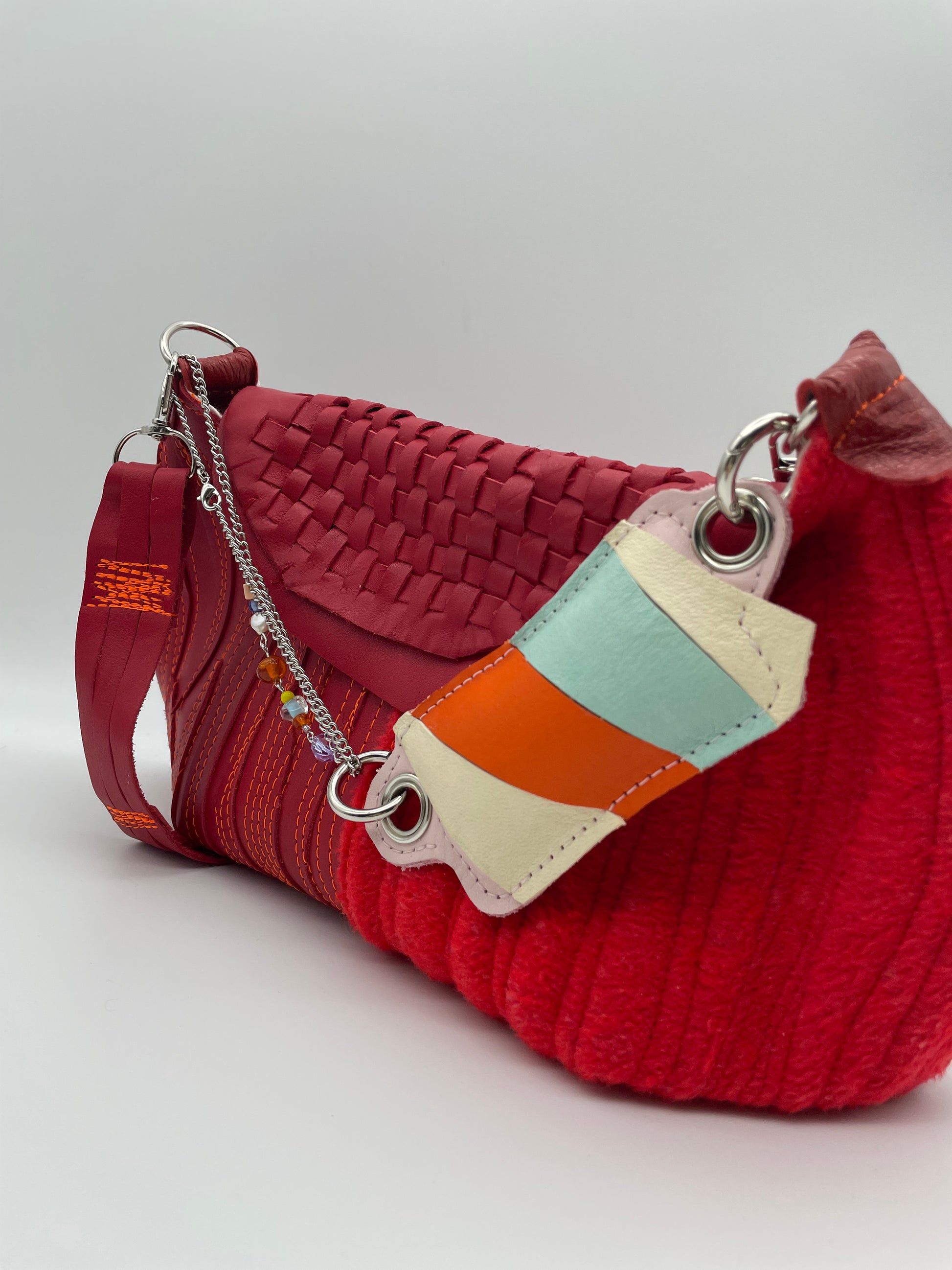 red bag upcycled upcycling bag charm retro stripes pink orange chain funky cute