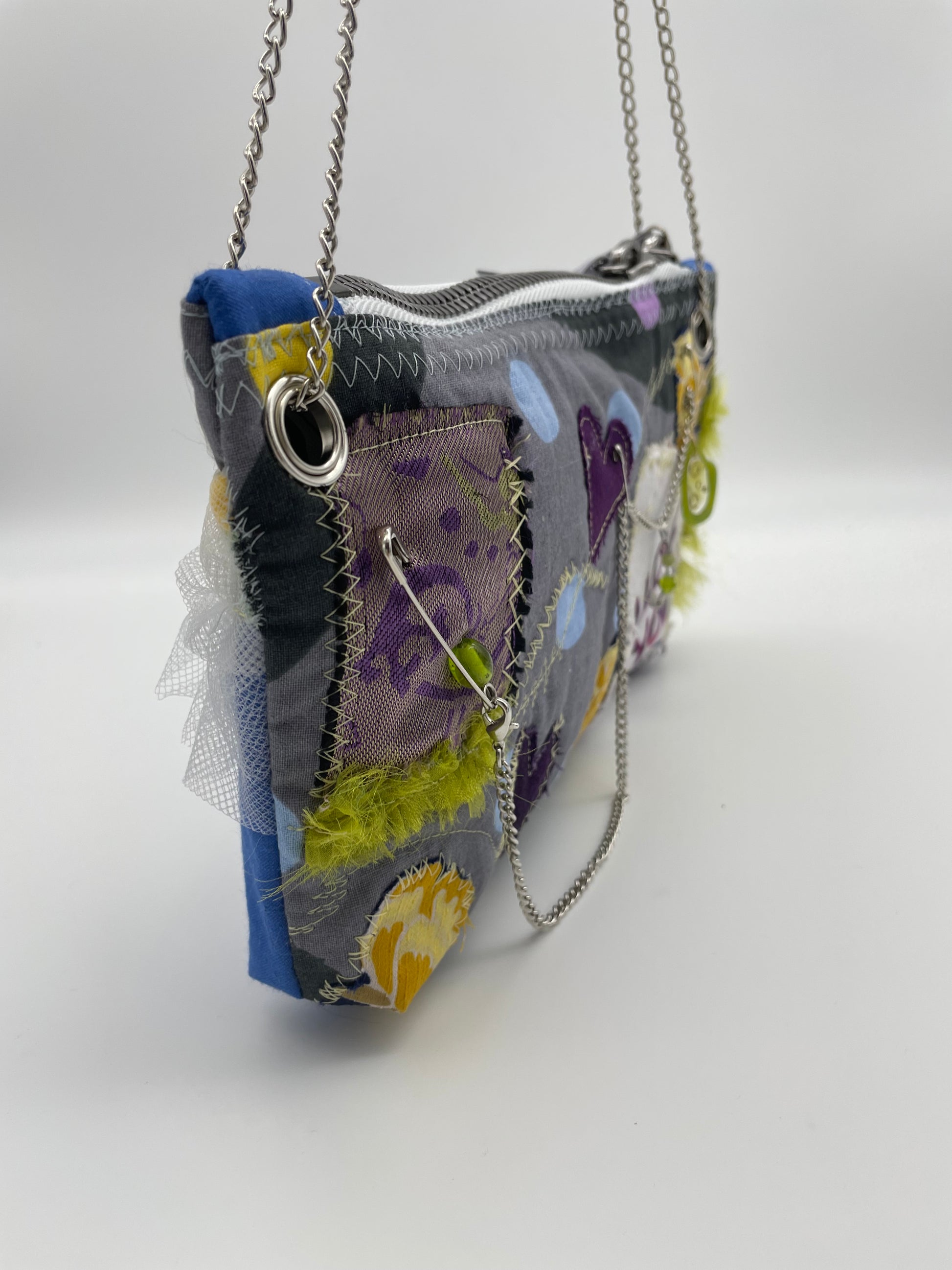 upcycled mini bag zerowaste metal chain handmade discarded fabric leftover patchwork reworked bag upcycling bag