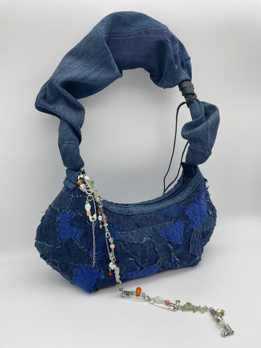Upcycled blue denim bag scrunchy bag with beads zerowaste crazy sewed handbag