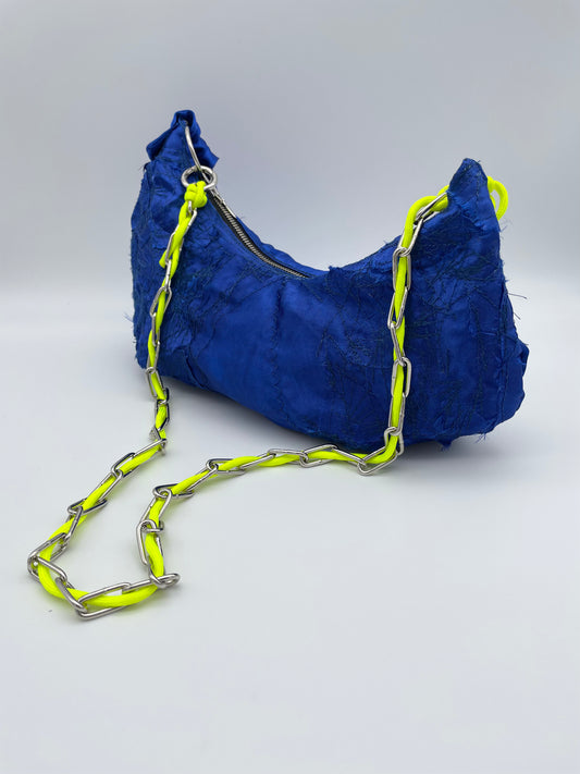 Upcycled bag royal blue neon yellow handmade patchwork fabric scraps