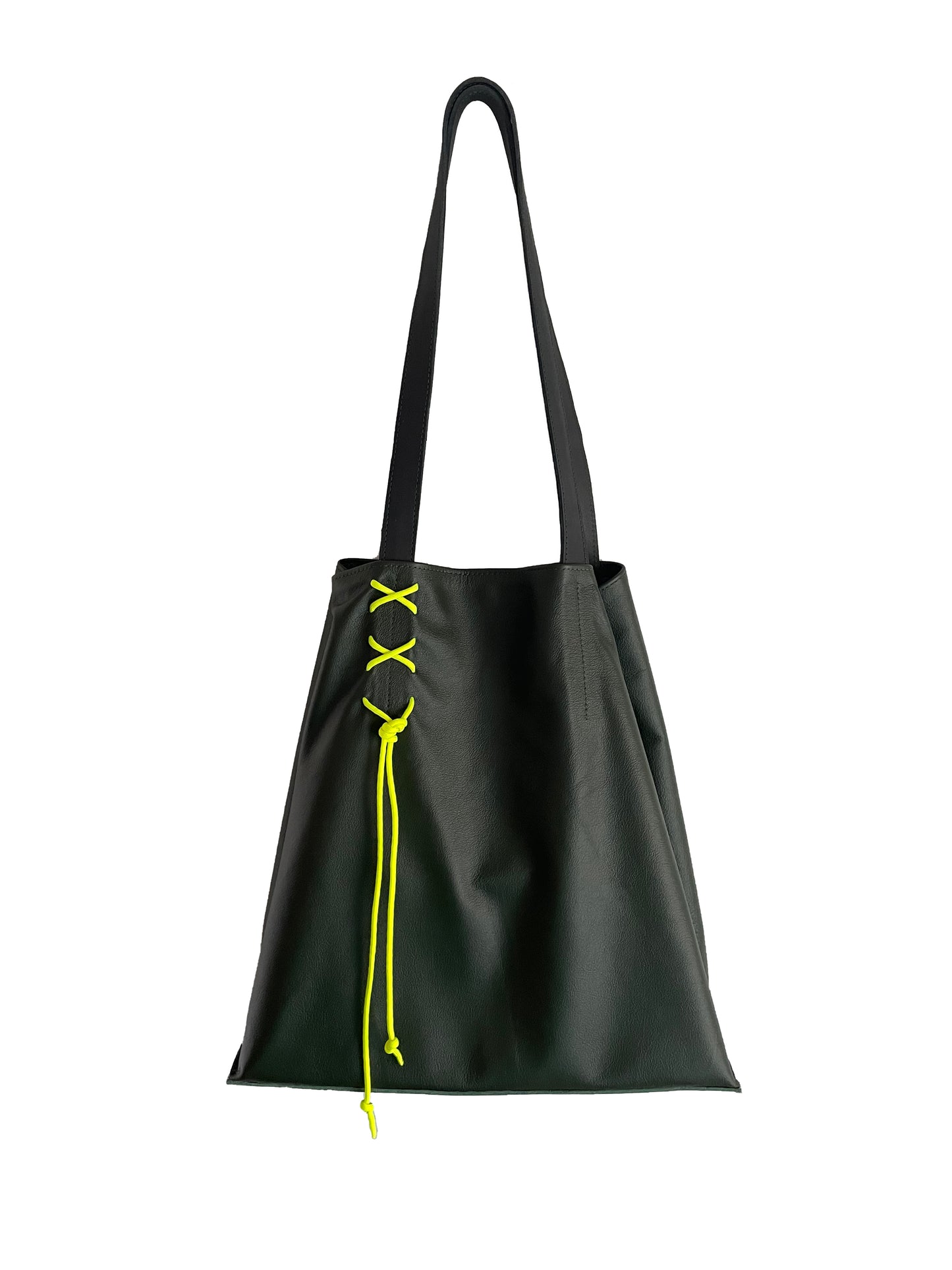 upcycled leather shopper dark green yellow neon olive leather