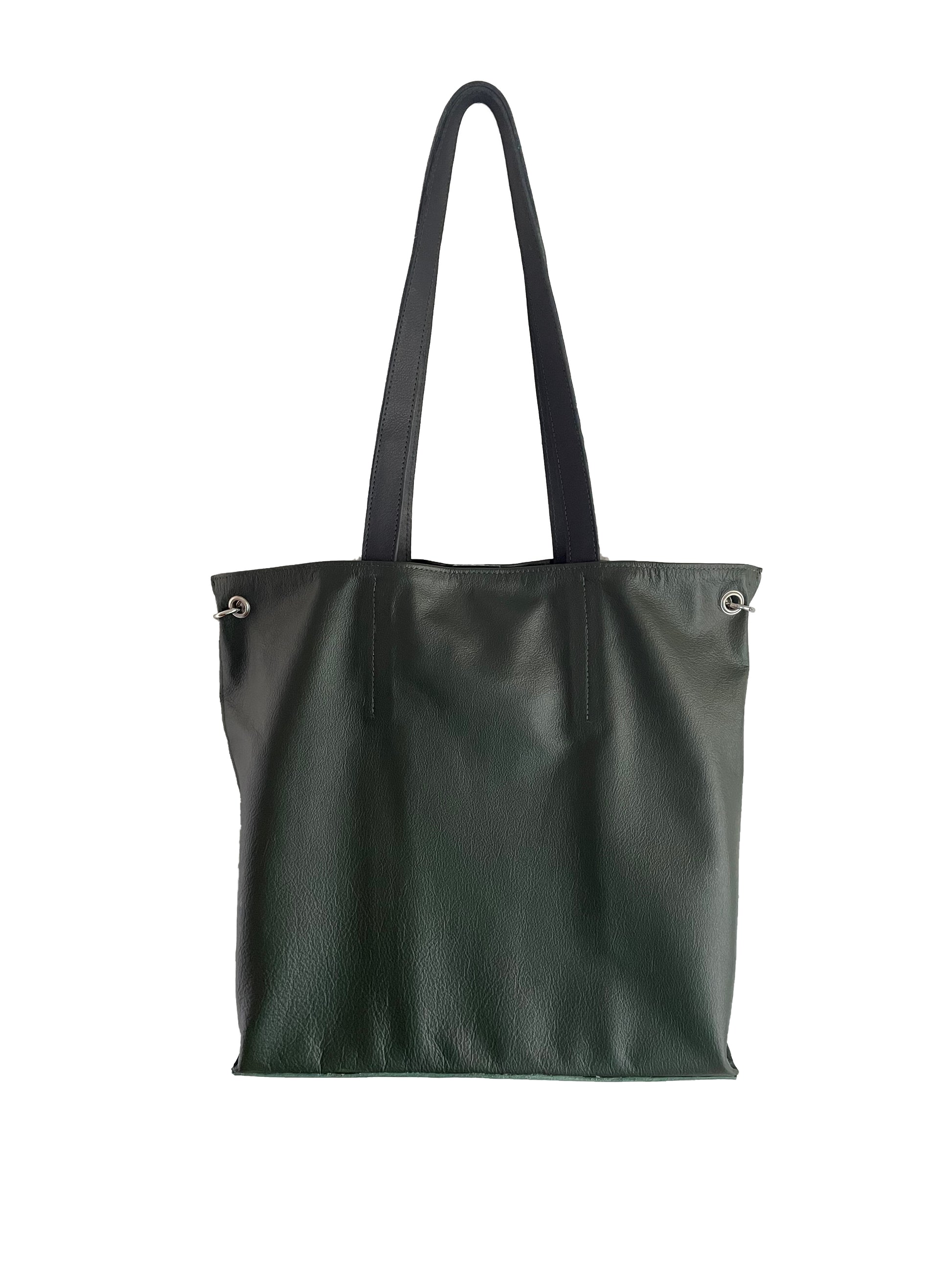 upcycling leather shopper dark green olive leather handles
