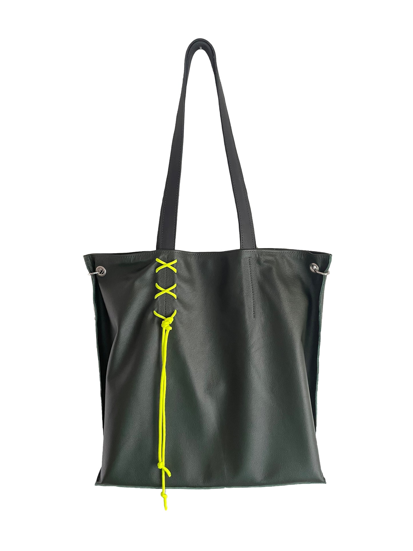 upcycled leather shopper dark green yellow neon olive leather